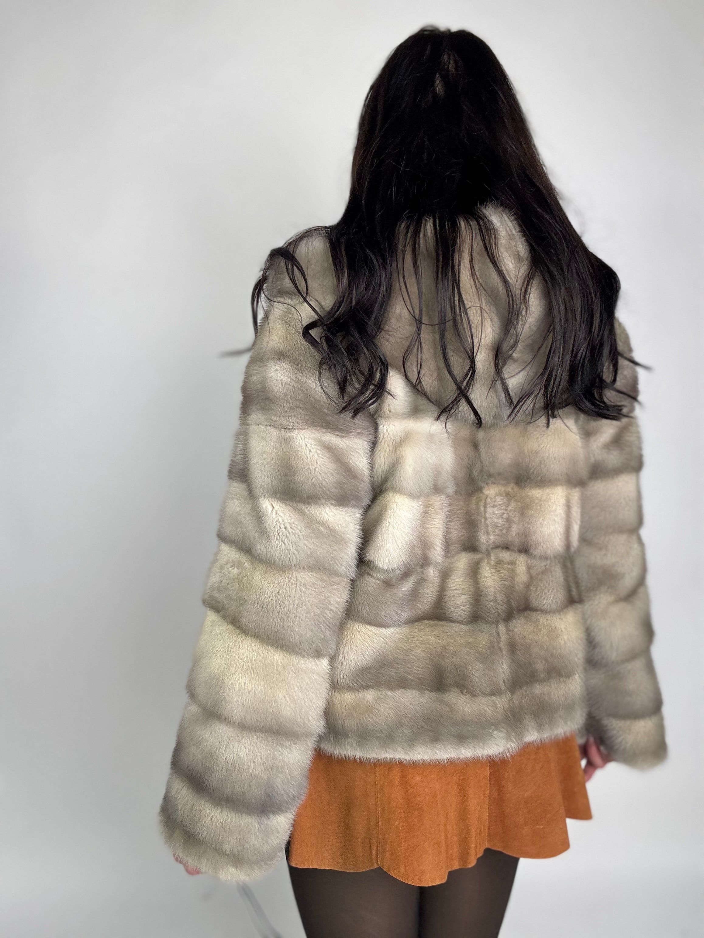 Mink jacket with belt and hood