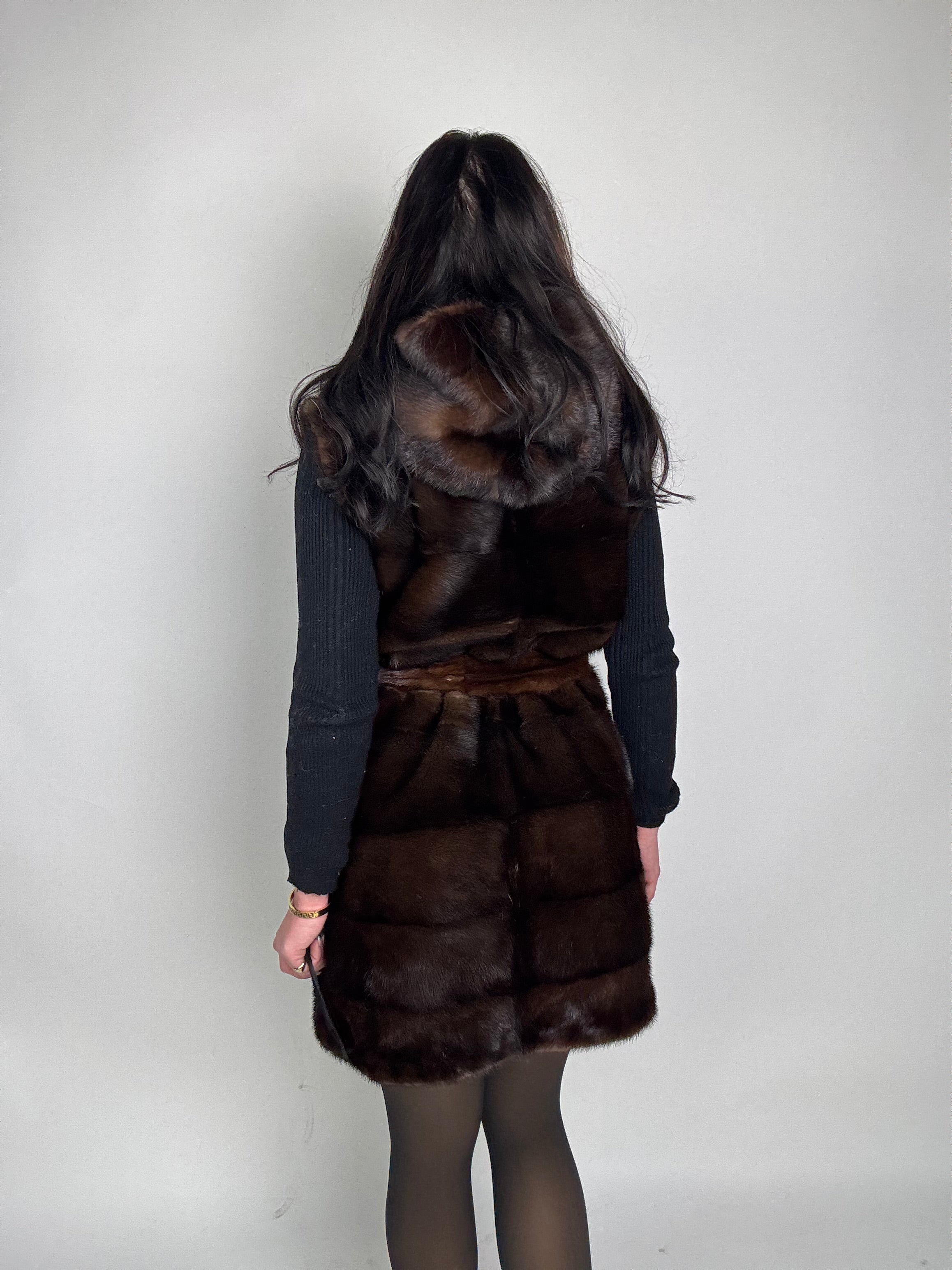 Mink jacket with belt and hood
