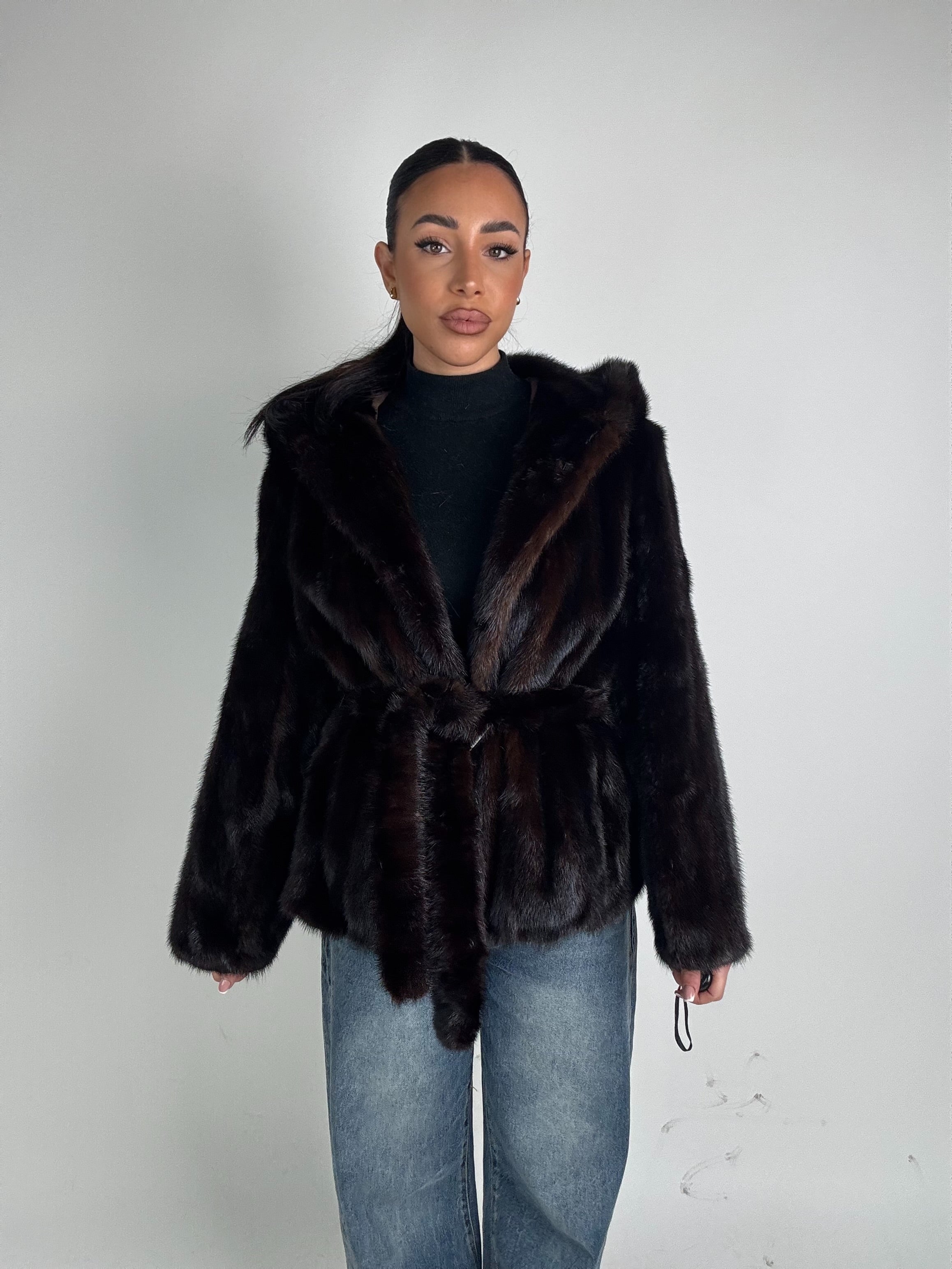Mink jacket with belt and hood