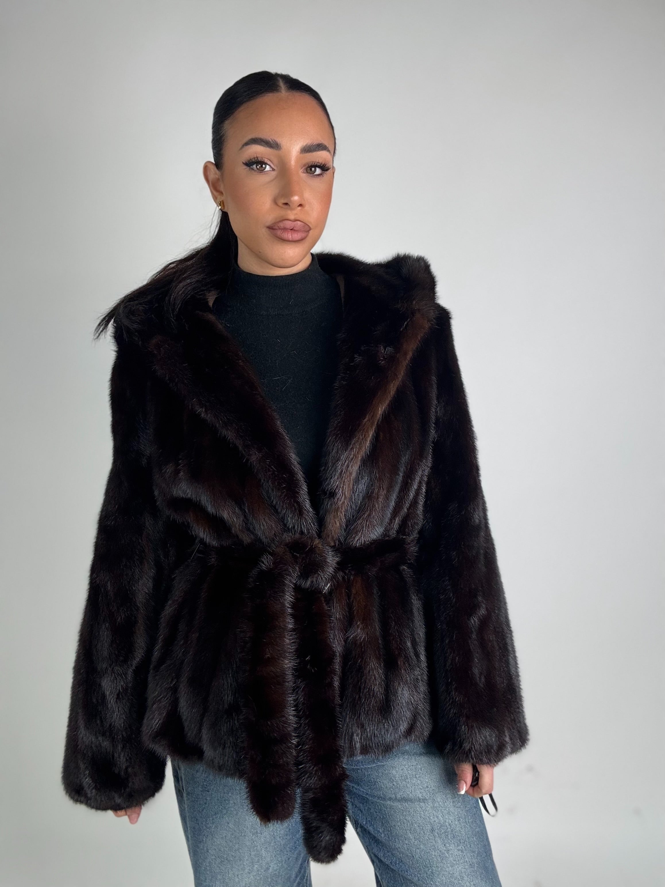 Mink jacket with belt and hood