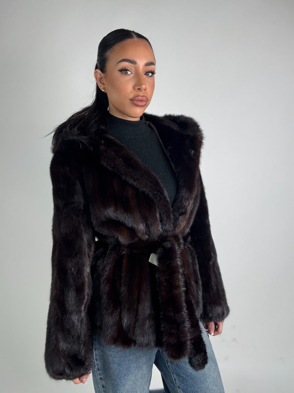 Mink jacket with belt and hood