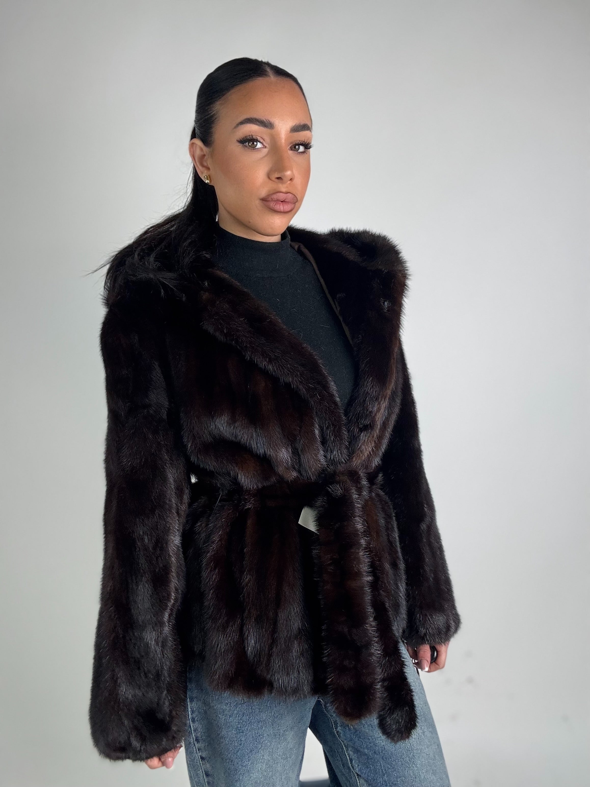 Mink jacket with belt and hood