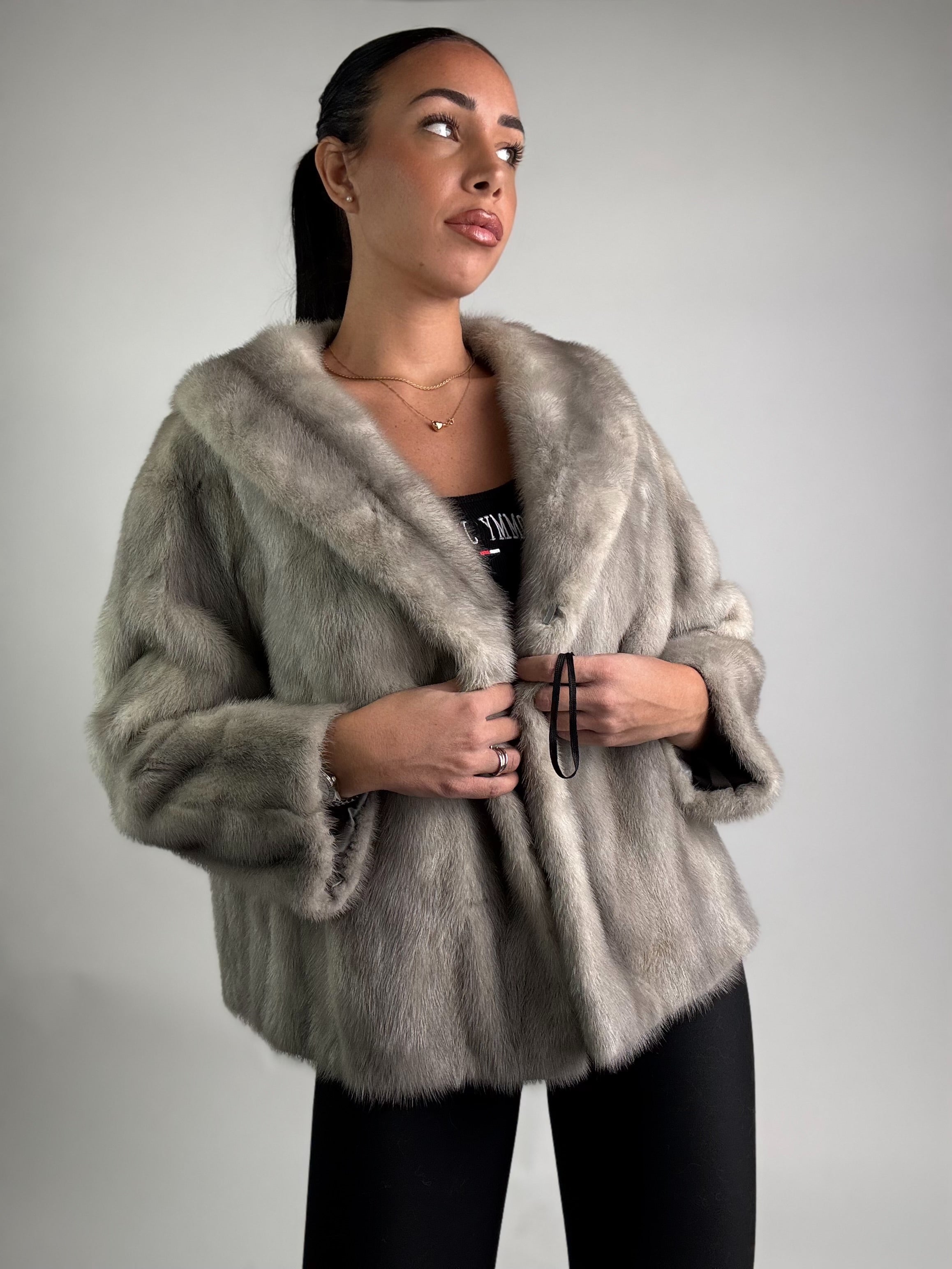 Mink vest with belt and hood