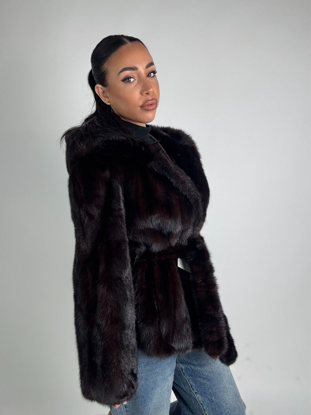 Mink jacket with belt and hood