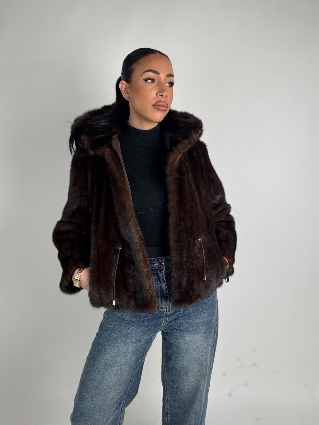 Mink jacket with belt and hood