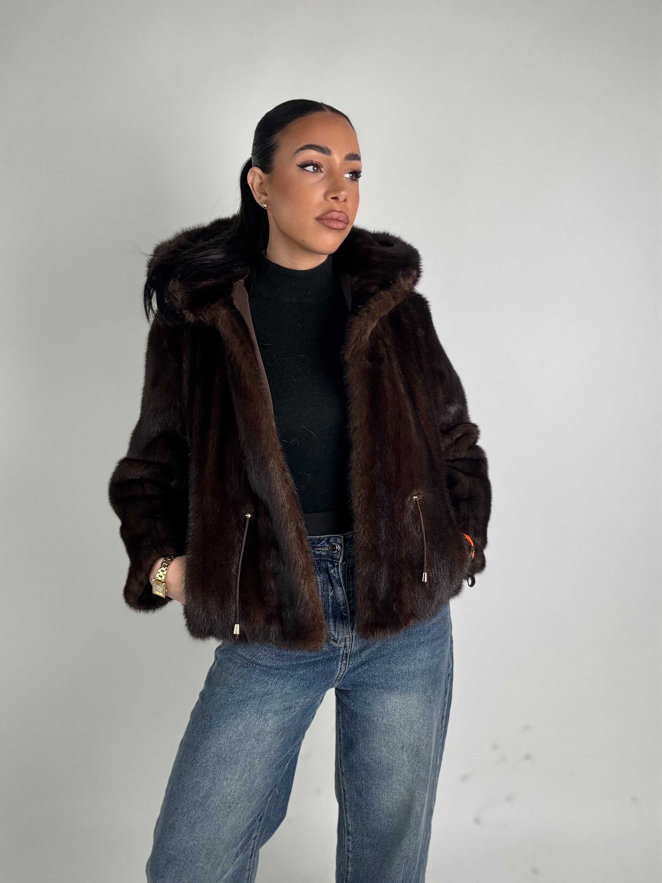 Mink jacket with belt and hood