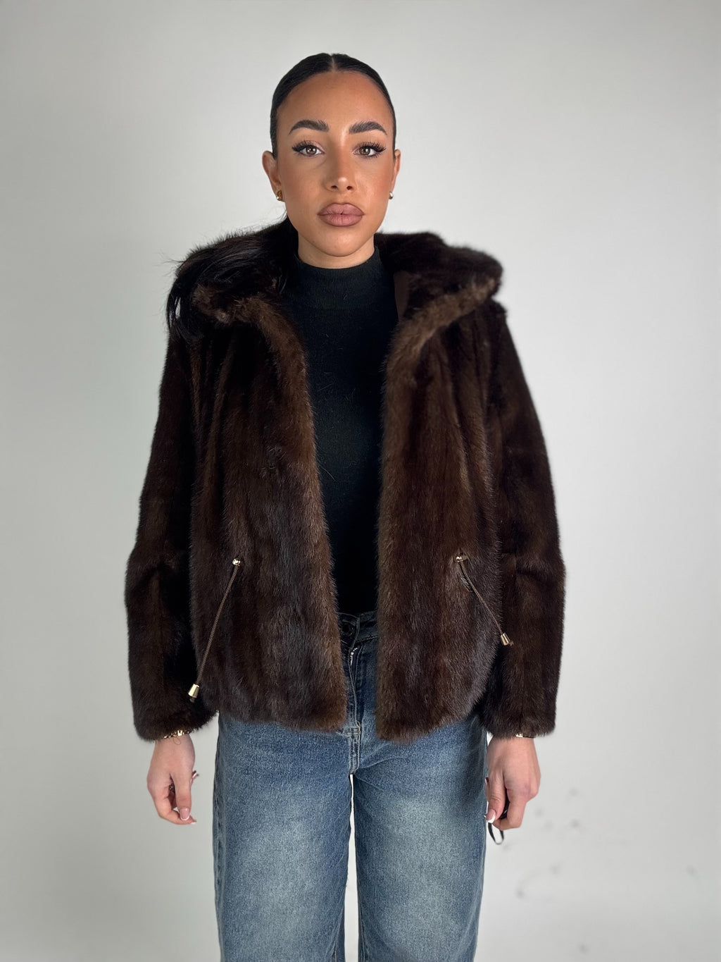 Mink jacket with belt and hood