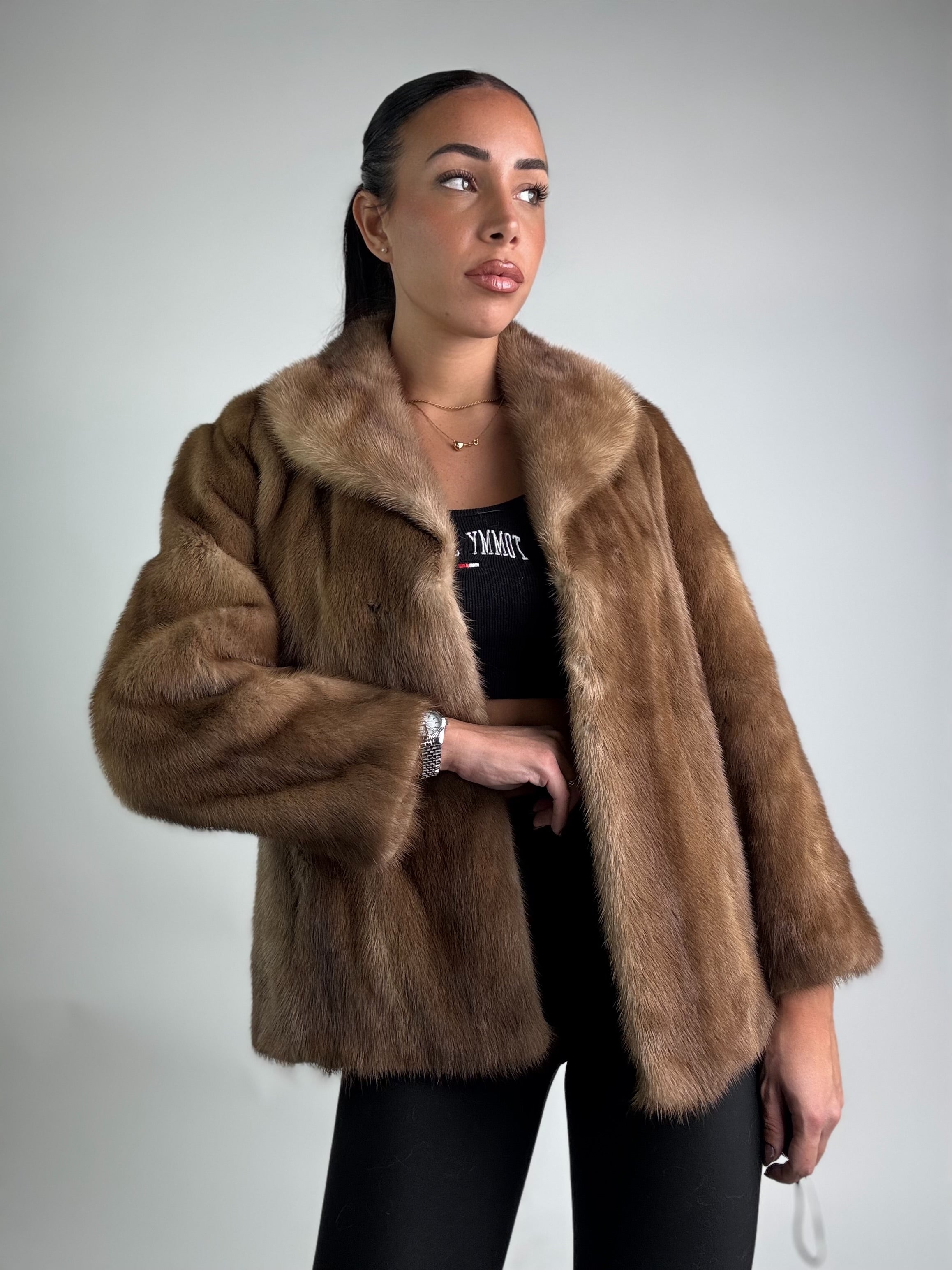 Mink vest with belt and hood