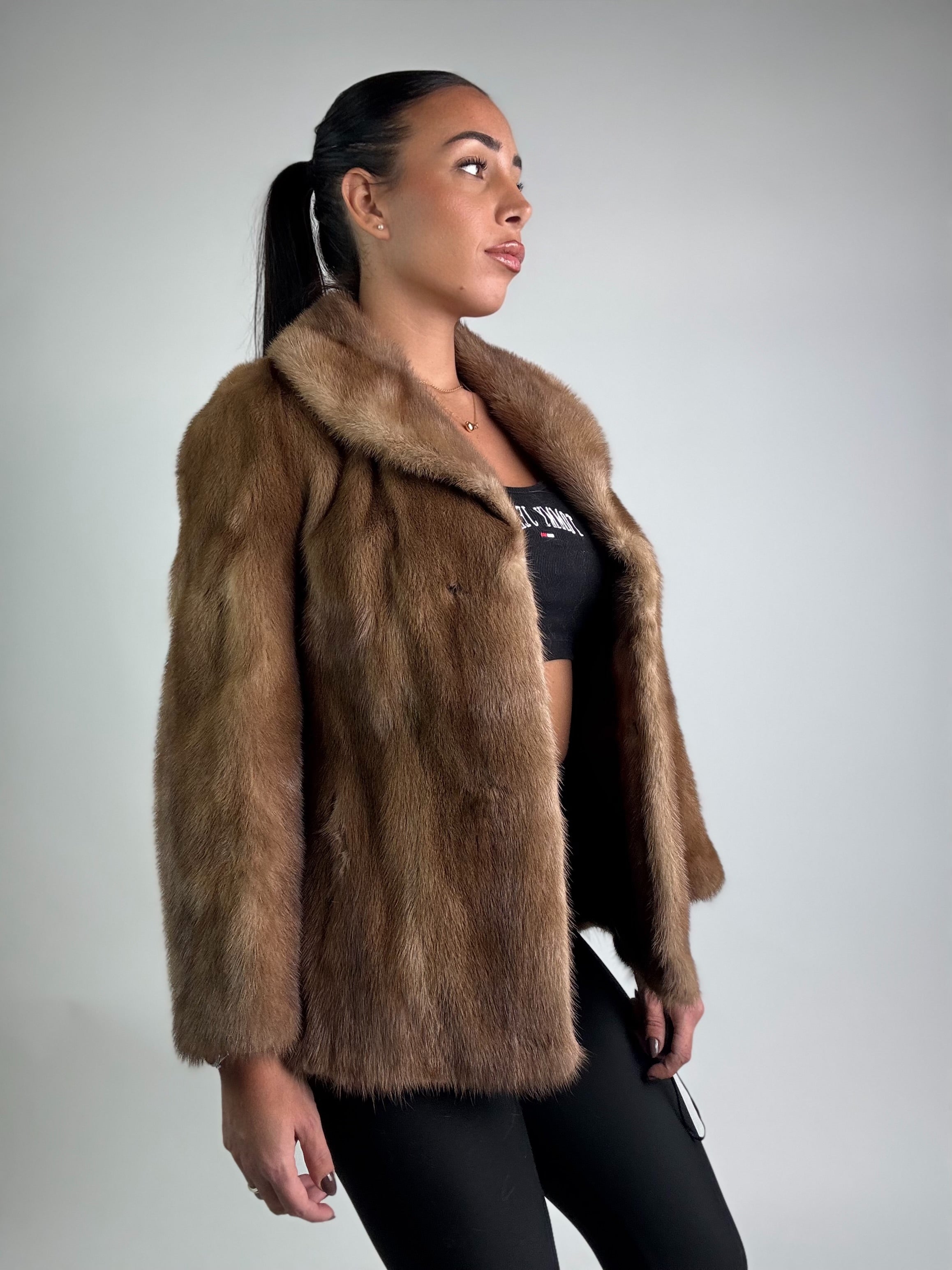 Mink vest with belt and hood