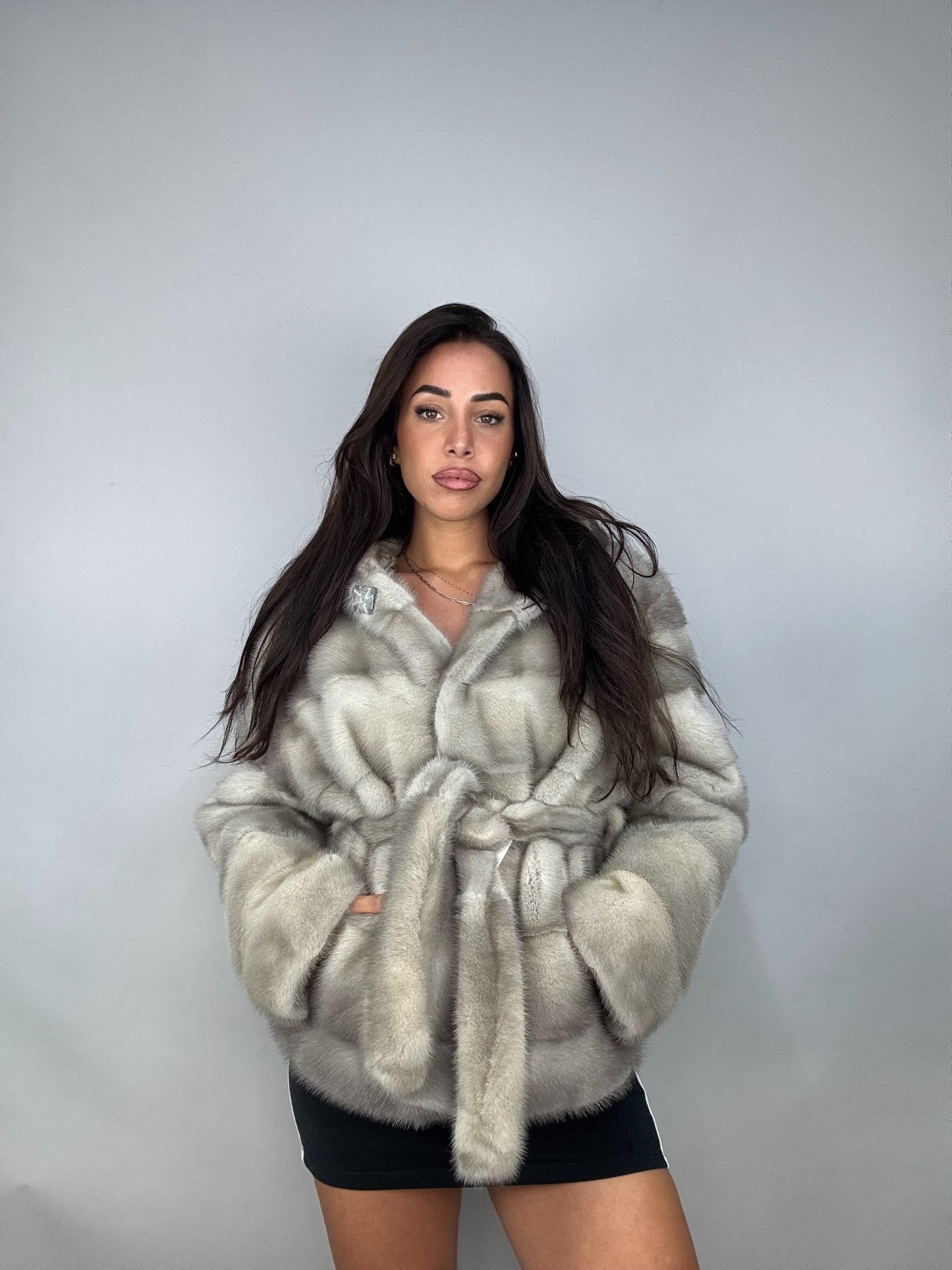 Mink jacket with belt and hood