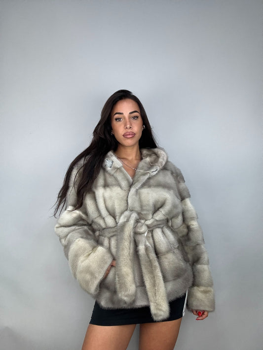 Mink jacket with belt and hood