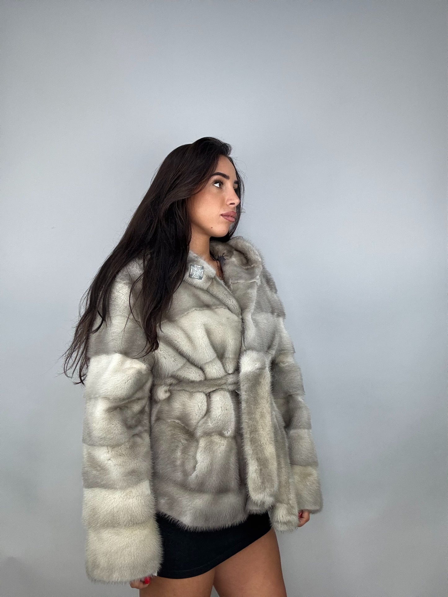 Mink jacket with belt and hood