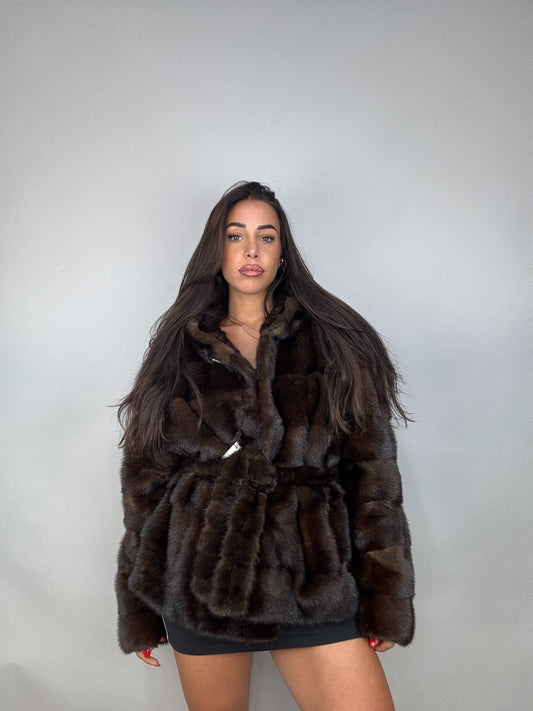 Mink jacket with belt and hood
