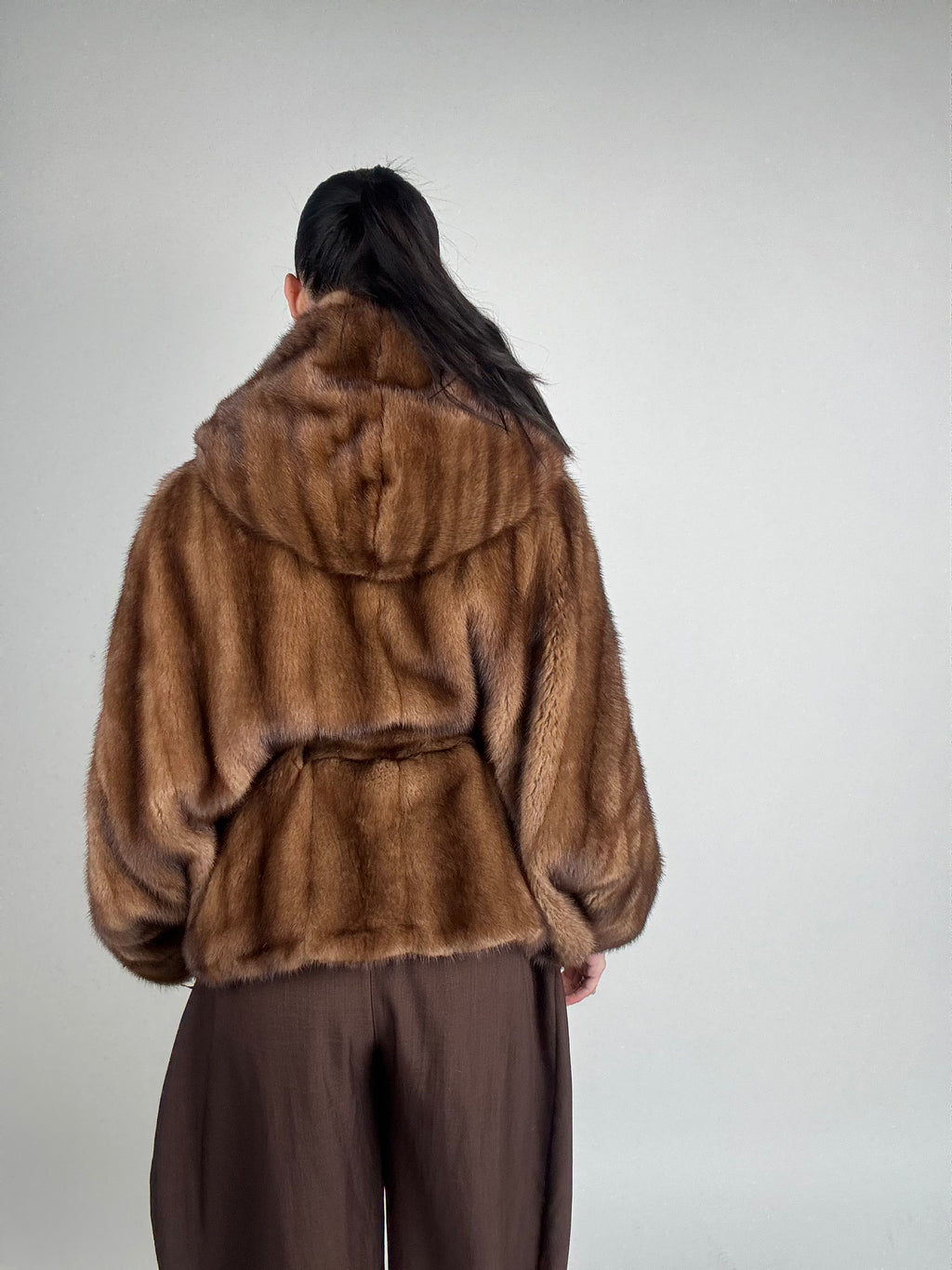 Mink jacket with belt and hood