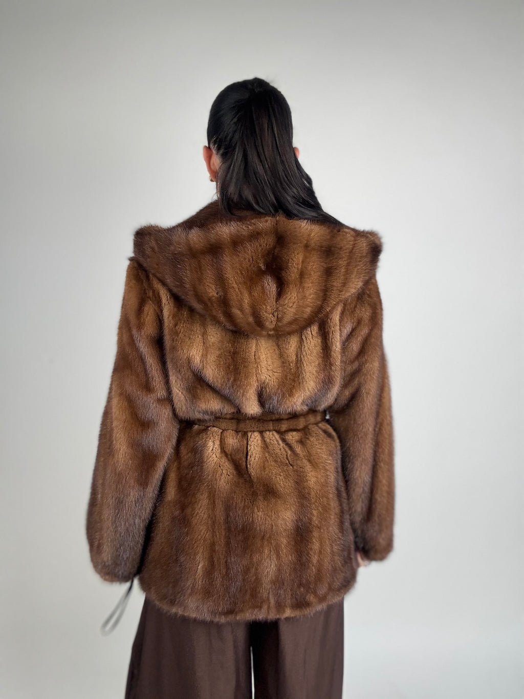 Mink jacket with belt and hood