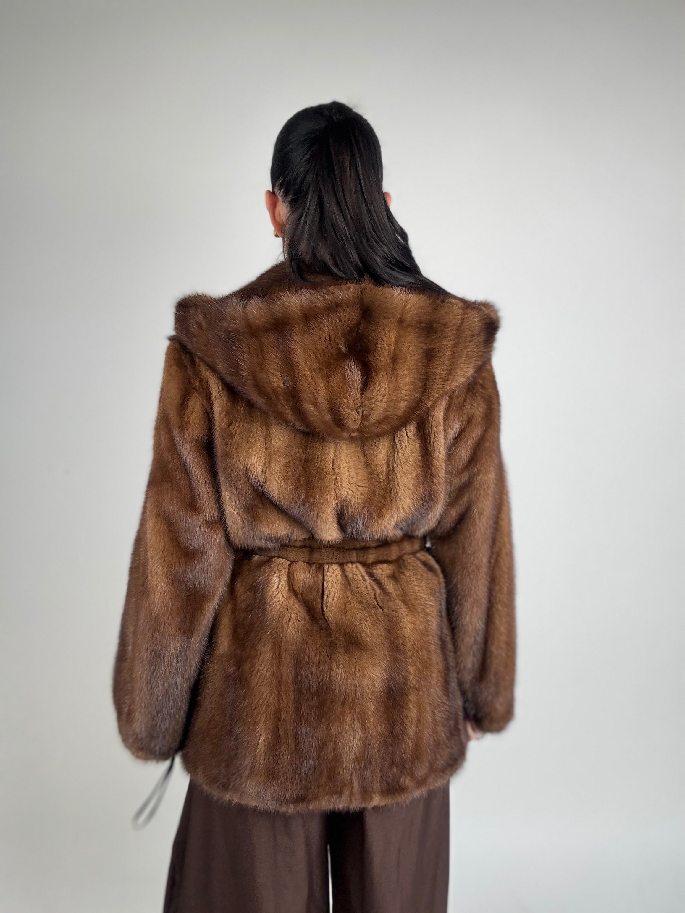 Mink jacket with belt and hood