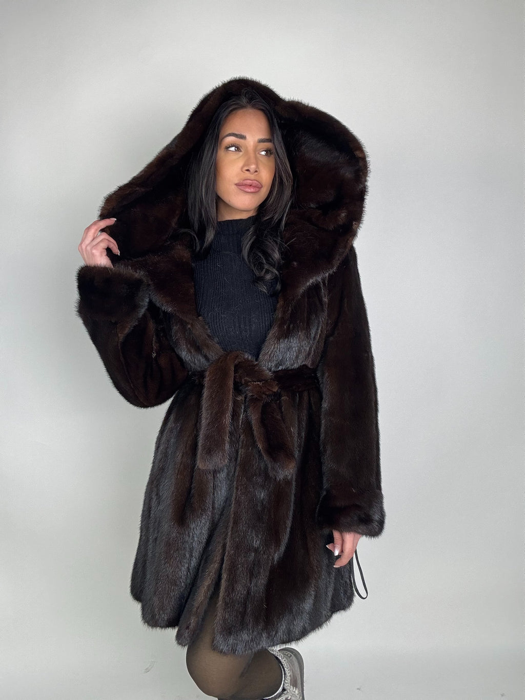 Mink jacket with belt and hood