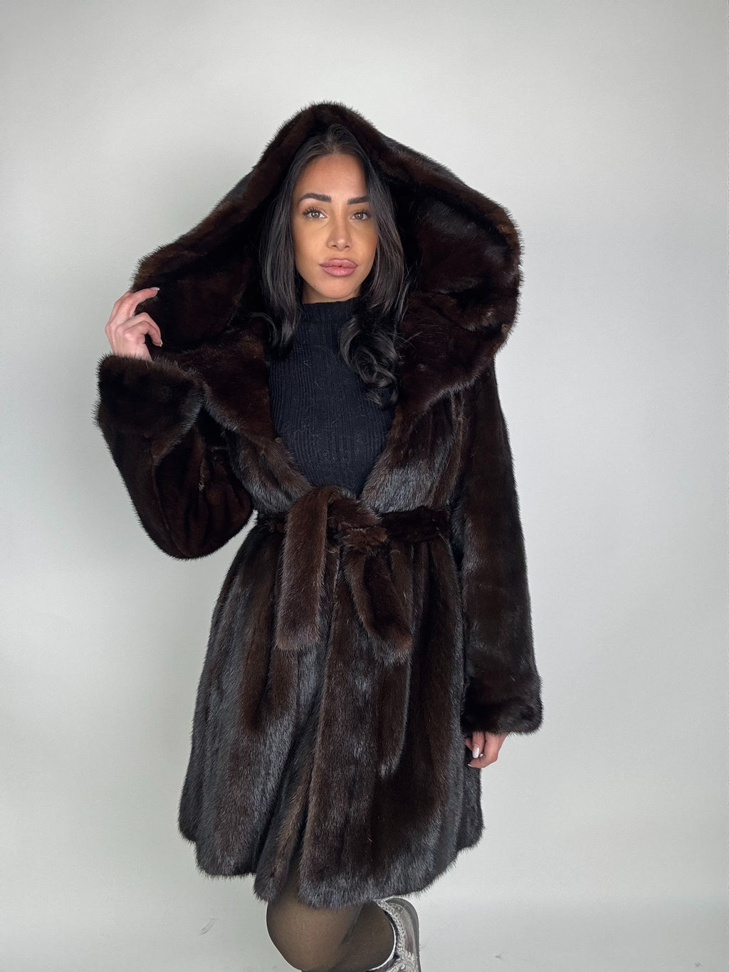 Mink jacket with belt and hood