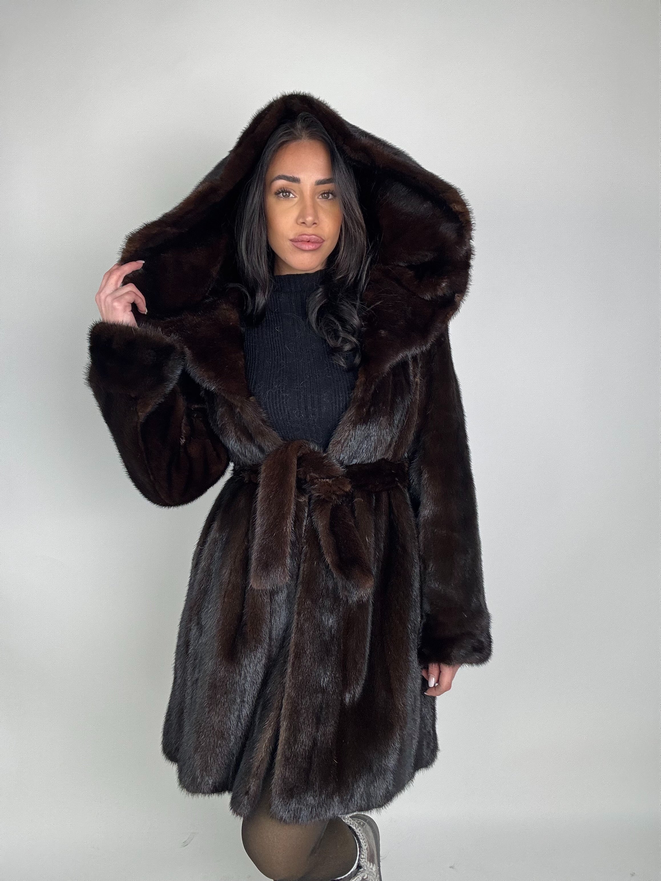 Mink jacket with belt and hood
