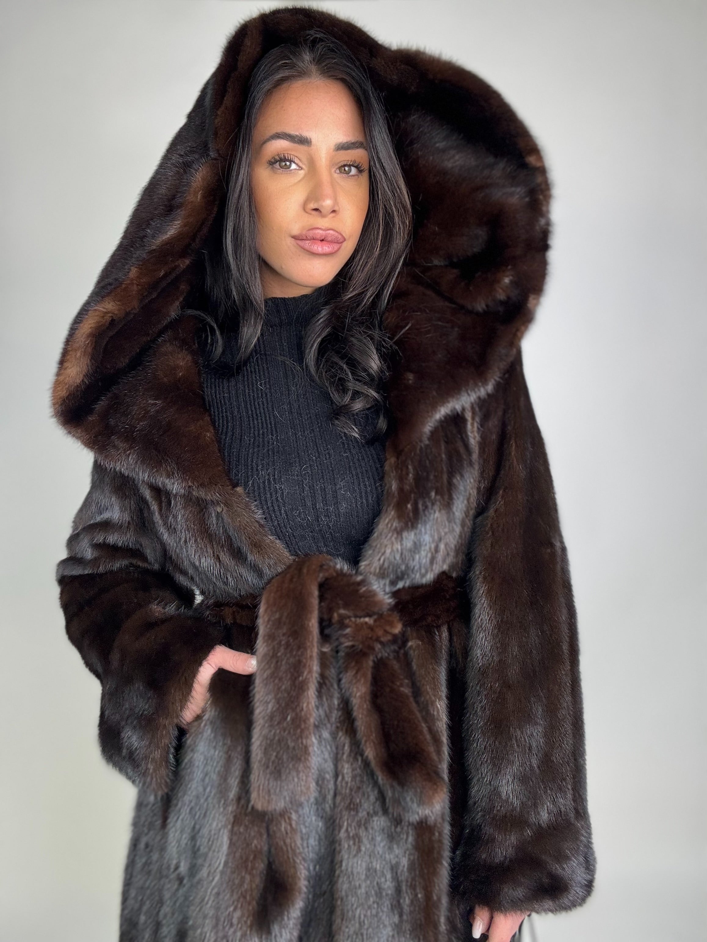 Mink jacket with belt and hood