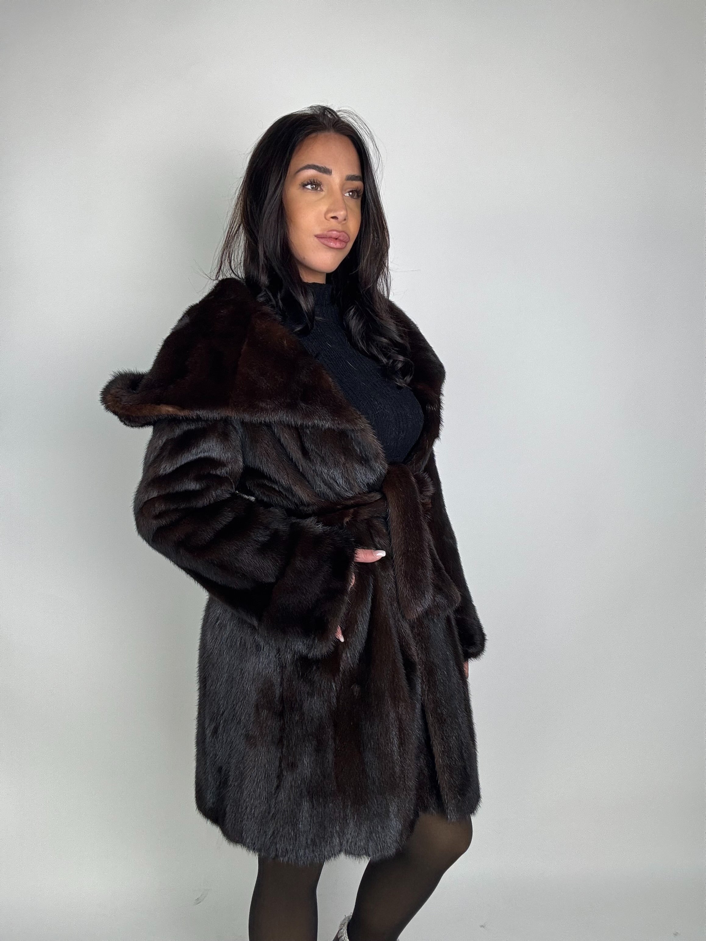 Mink jacket with belt and hood