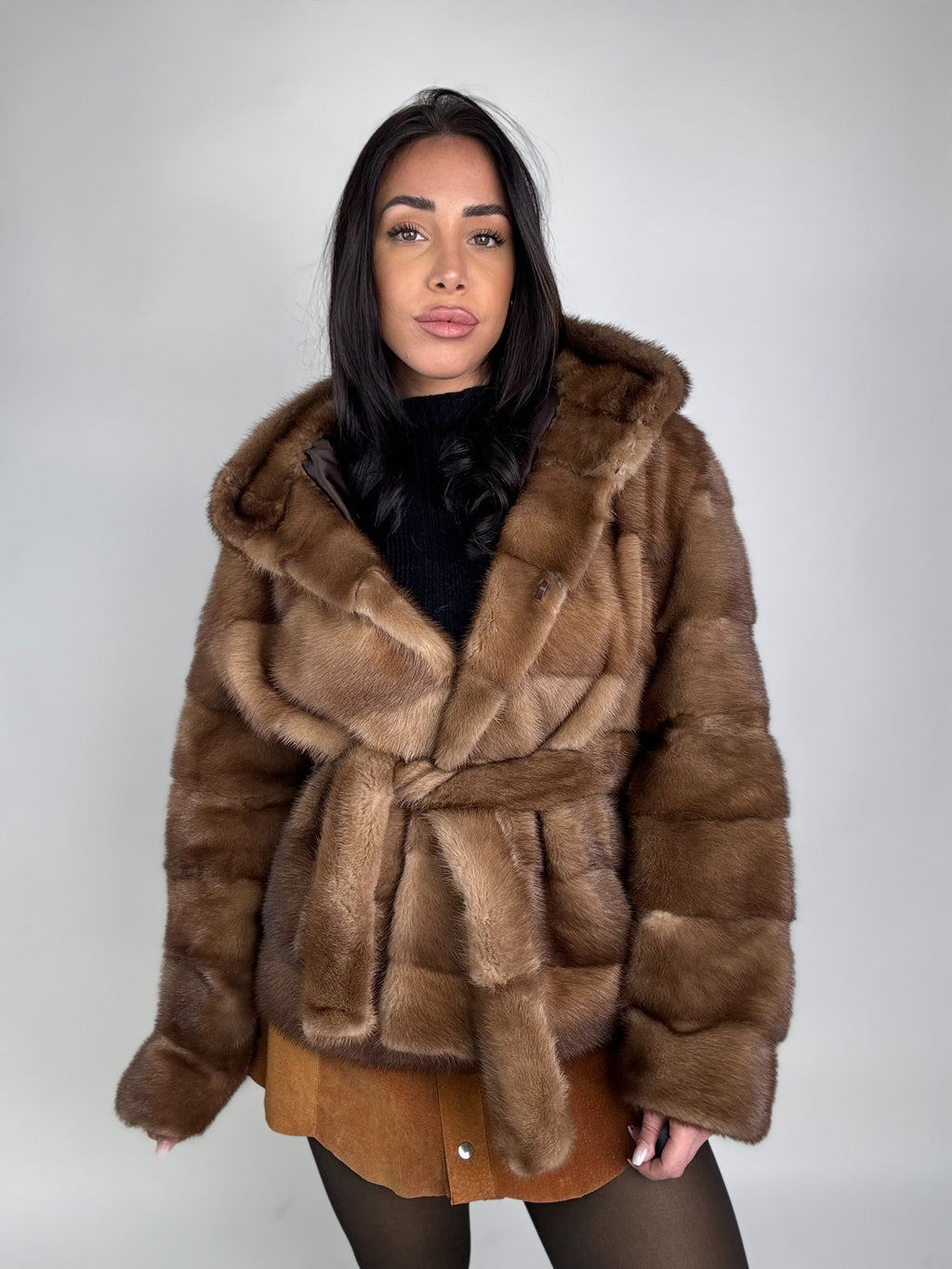 Mink jacket with belt and hood