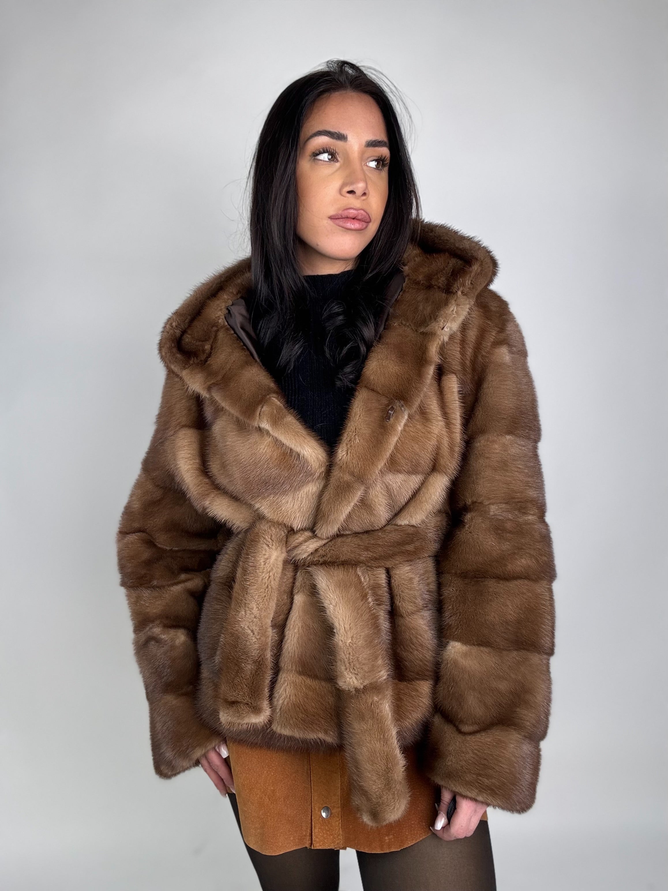 Mink jacket with belt and hood