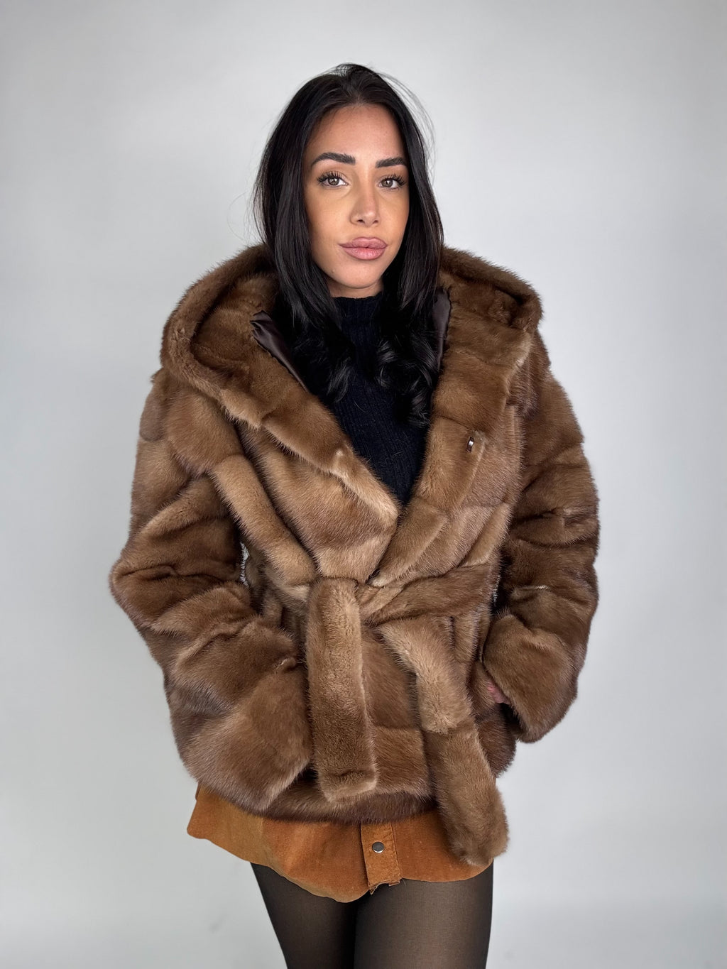Mink jacket with belt and hood