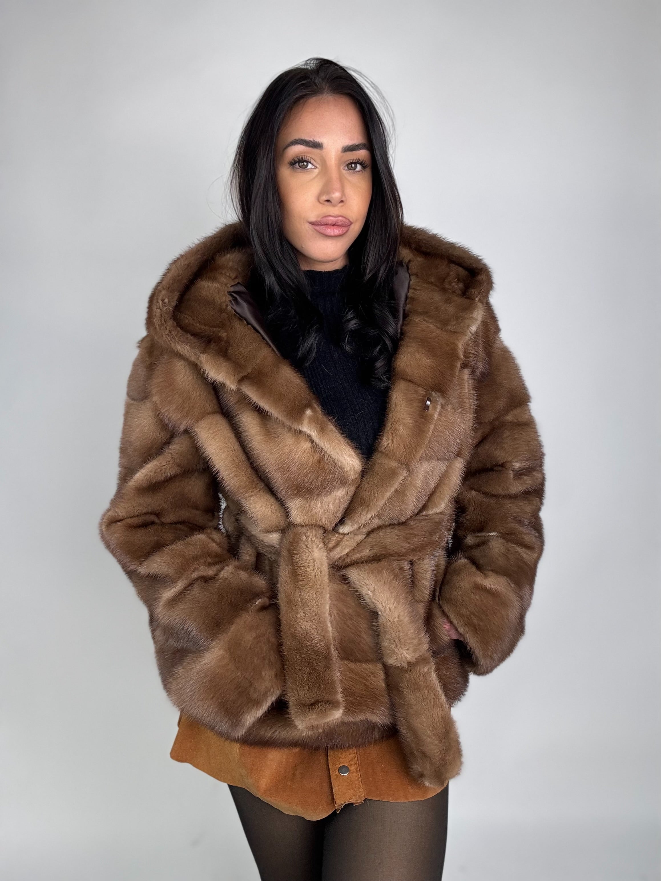 Mink jacket with belt and hood