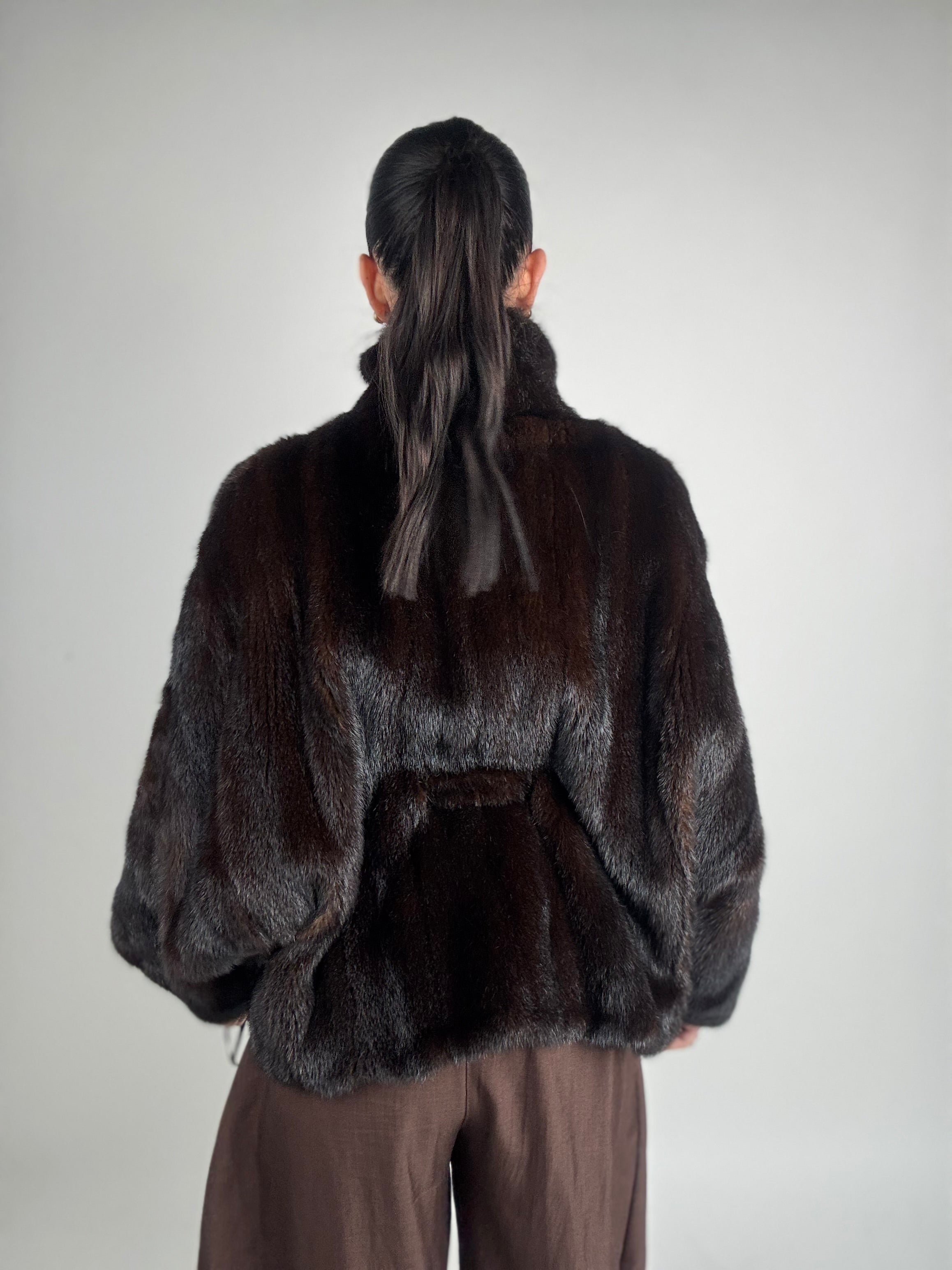 Mink jacket with belt and hood