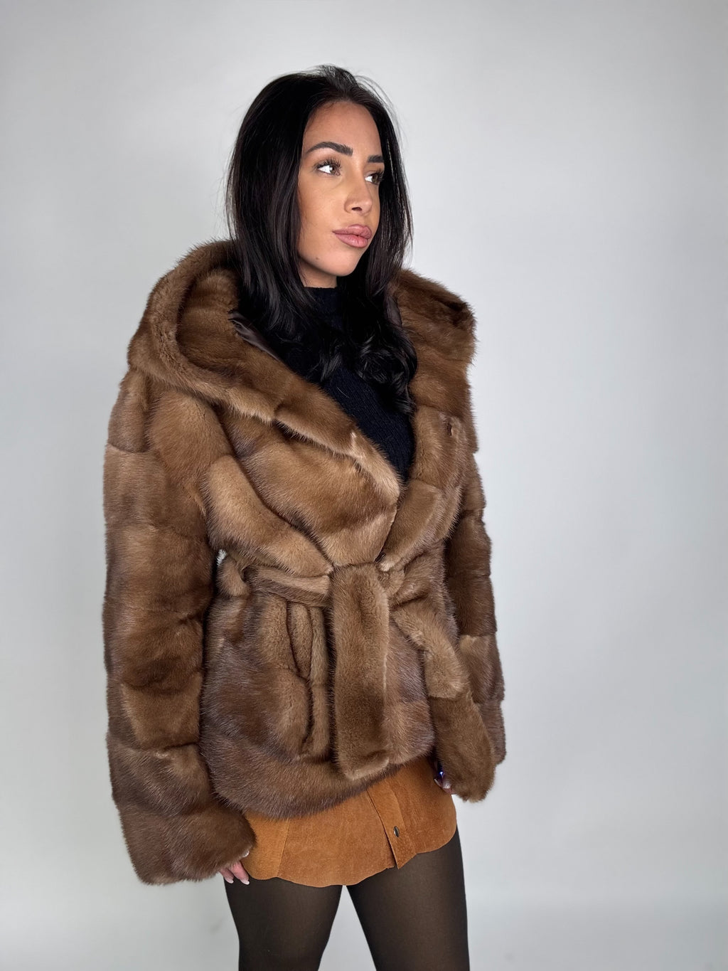 Mink jacket with belt and hood