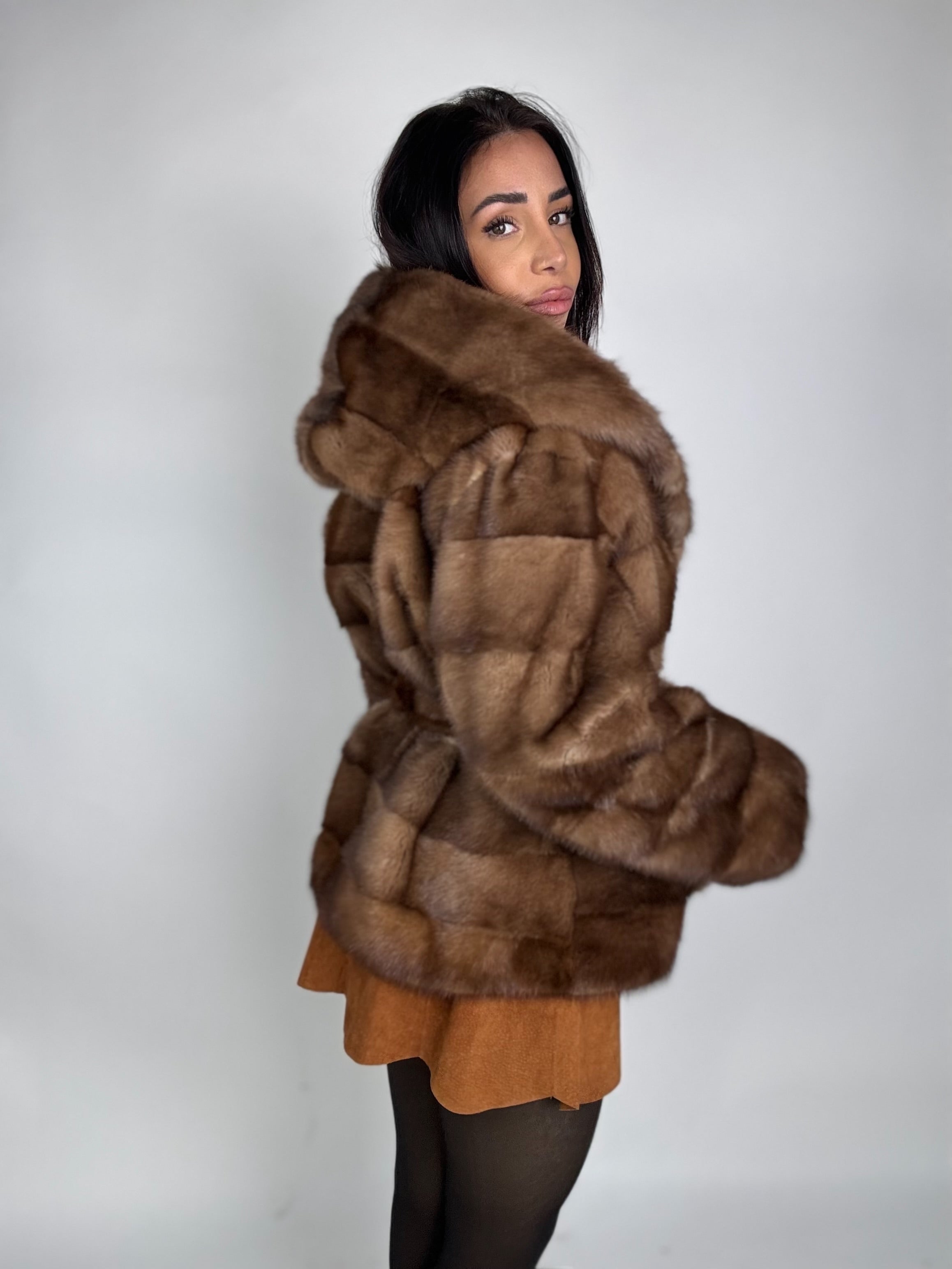 Mink jacket with belt and hood