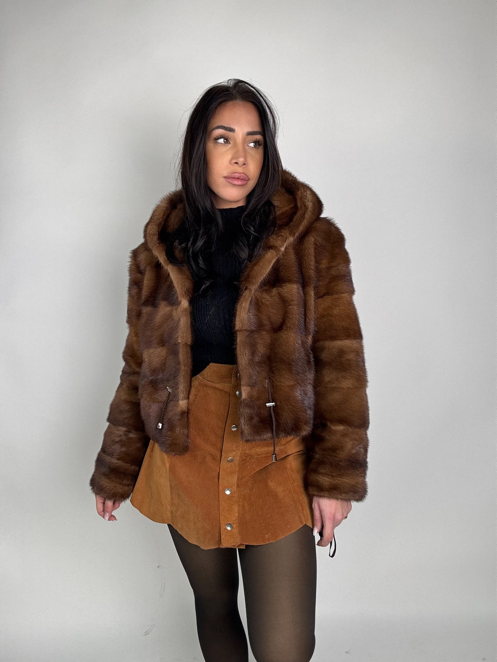 Mink jacket with belt and hood