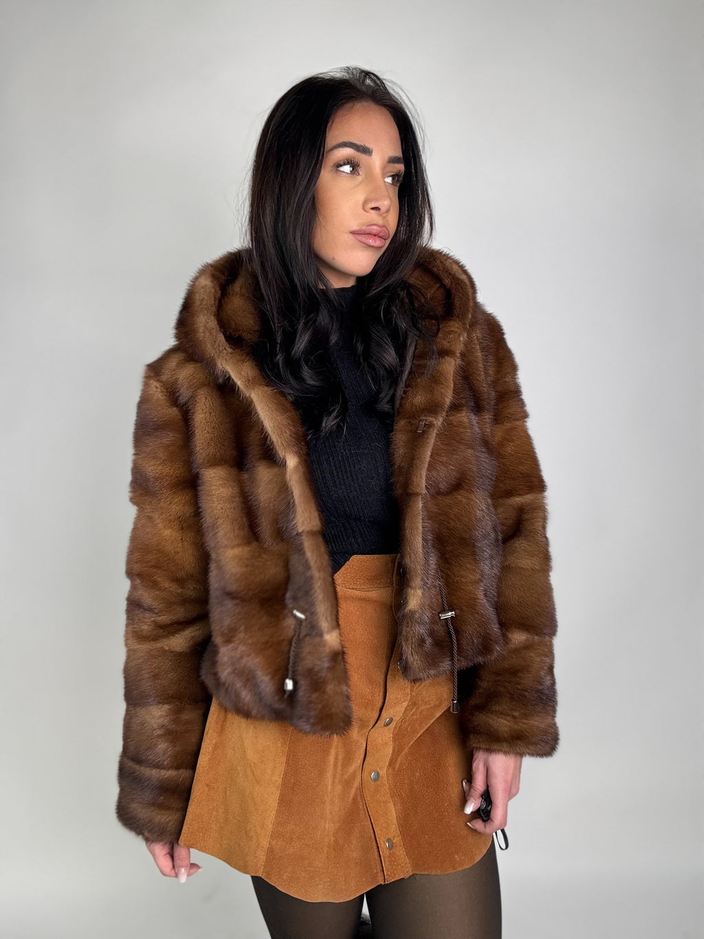 Mink jacket with belt and hood
