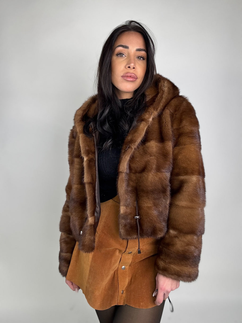 Mink jacket with belt and hood