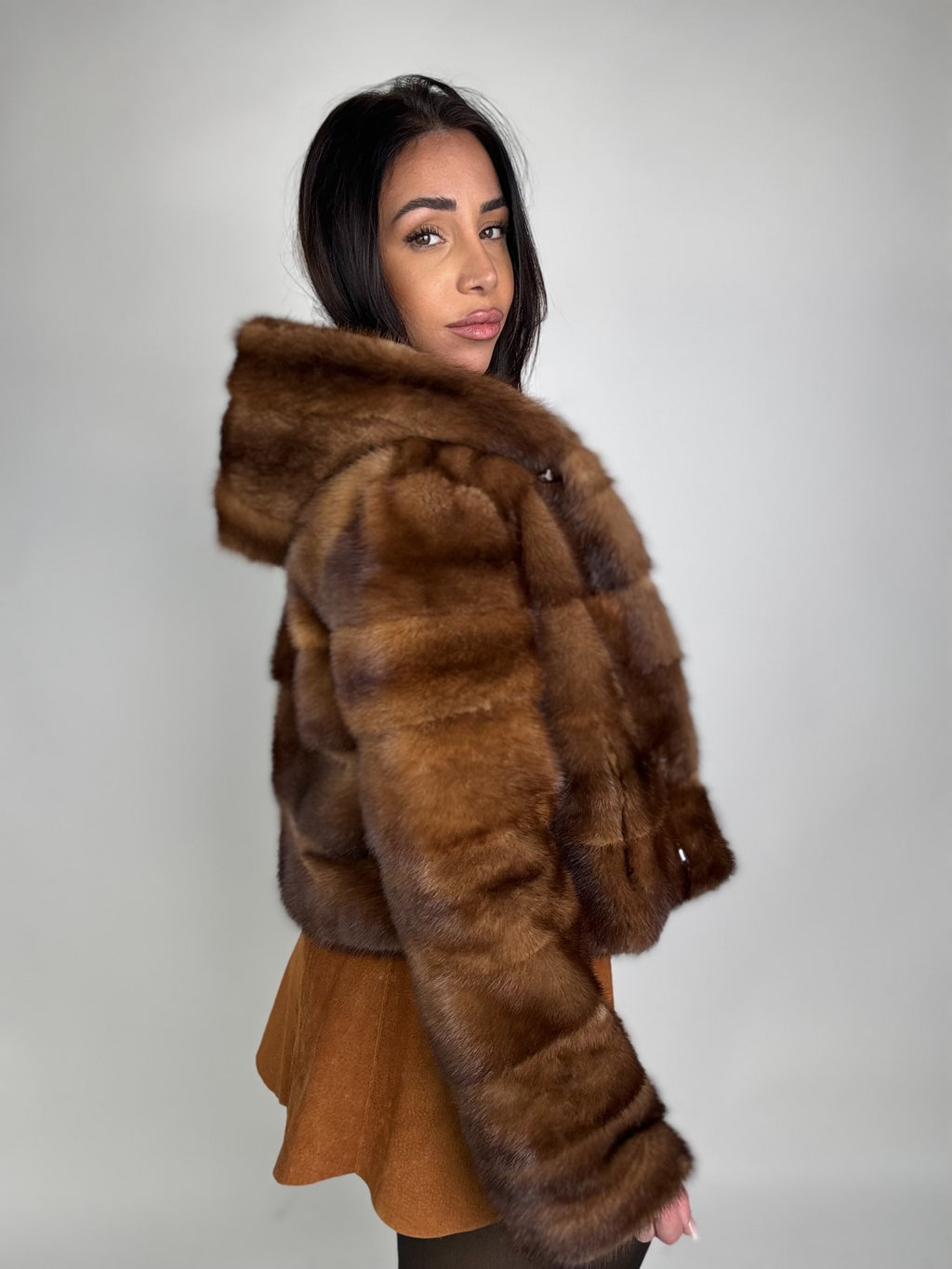 Mink jacket with belt and hood