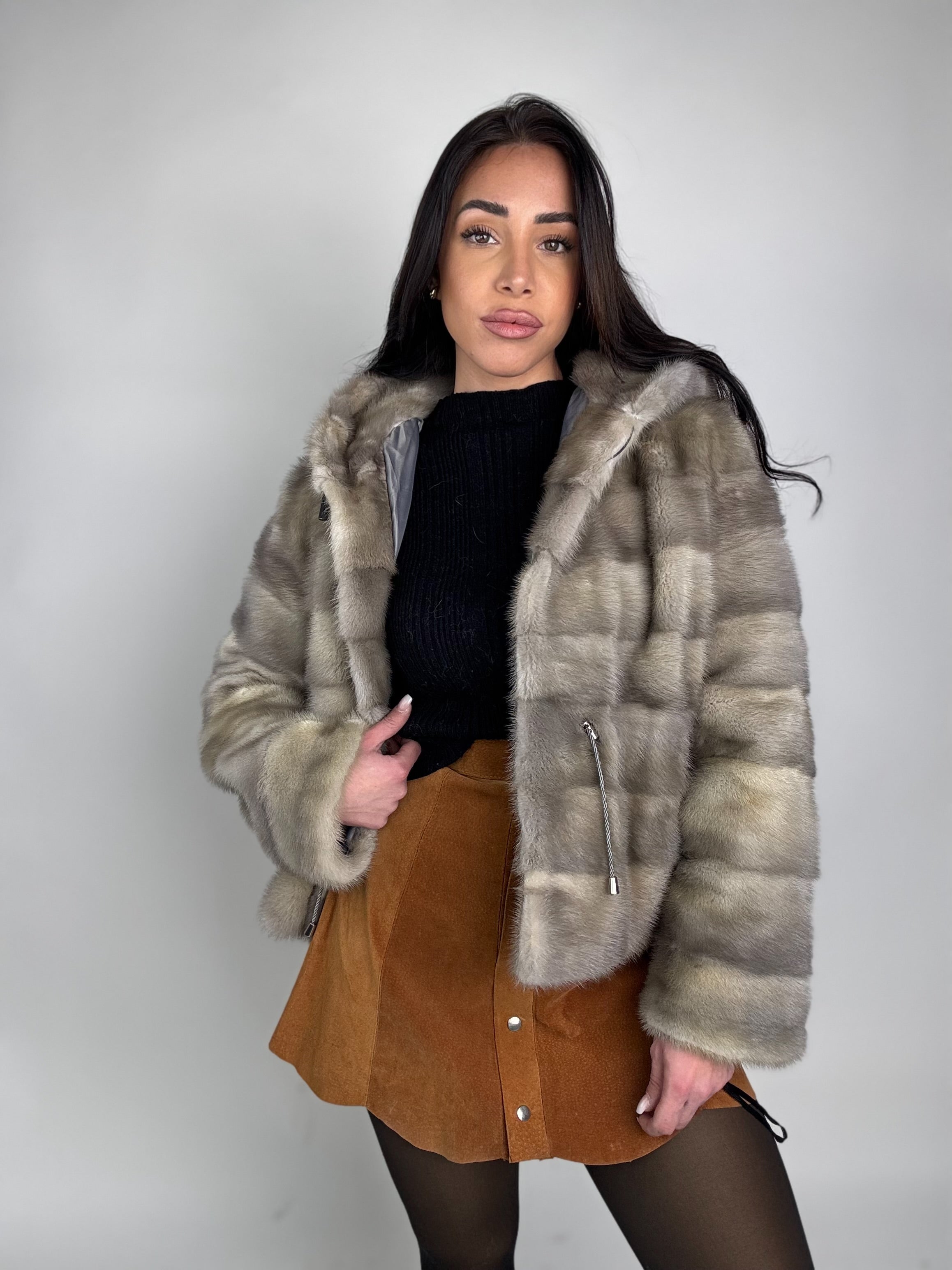 Mink jacket with belt and hood
