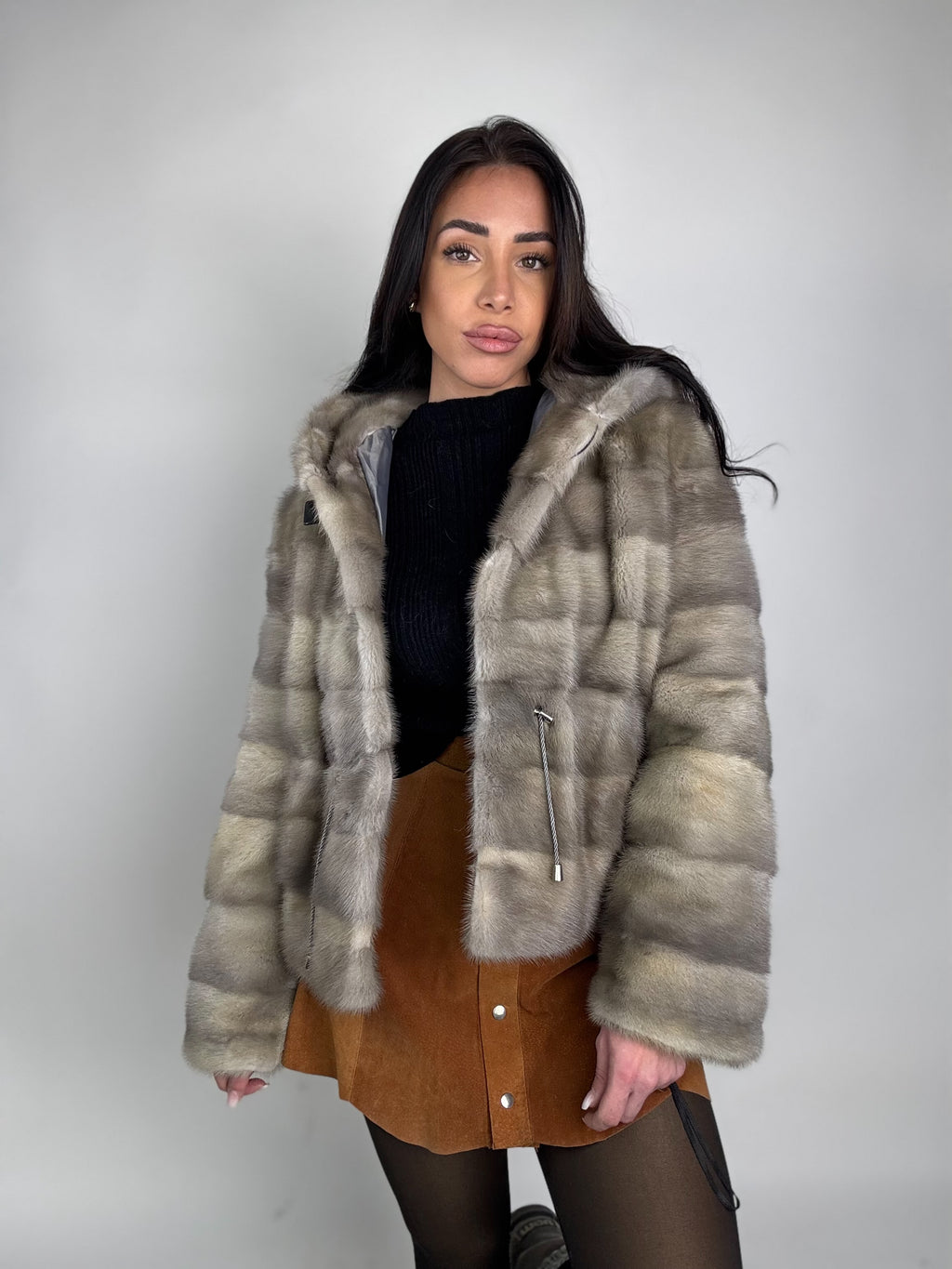 Mink jacket with belt and hood