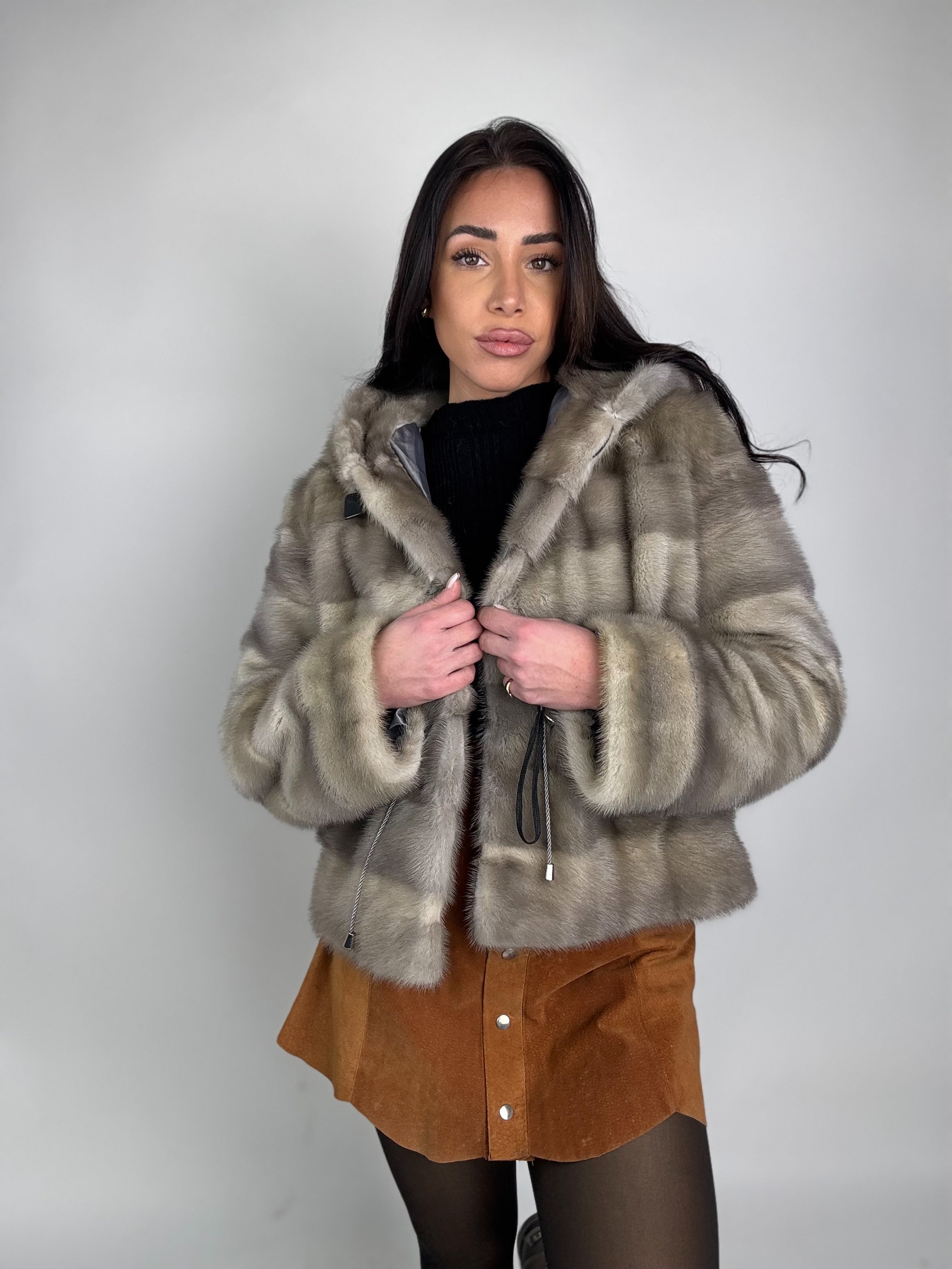 Mink jacket with belt and hood