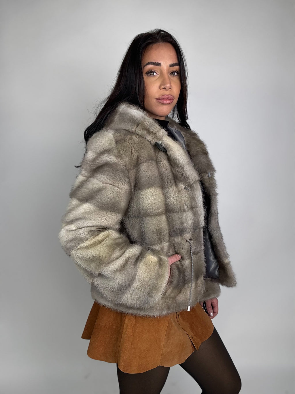 Mink jacket with belt and hood