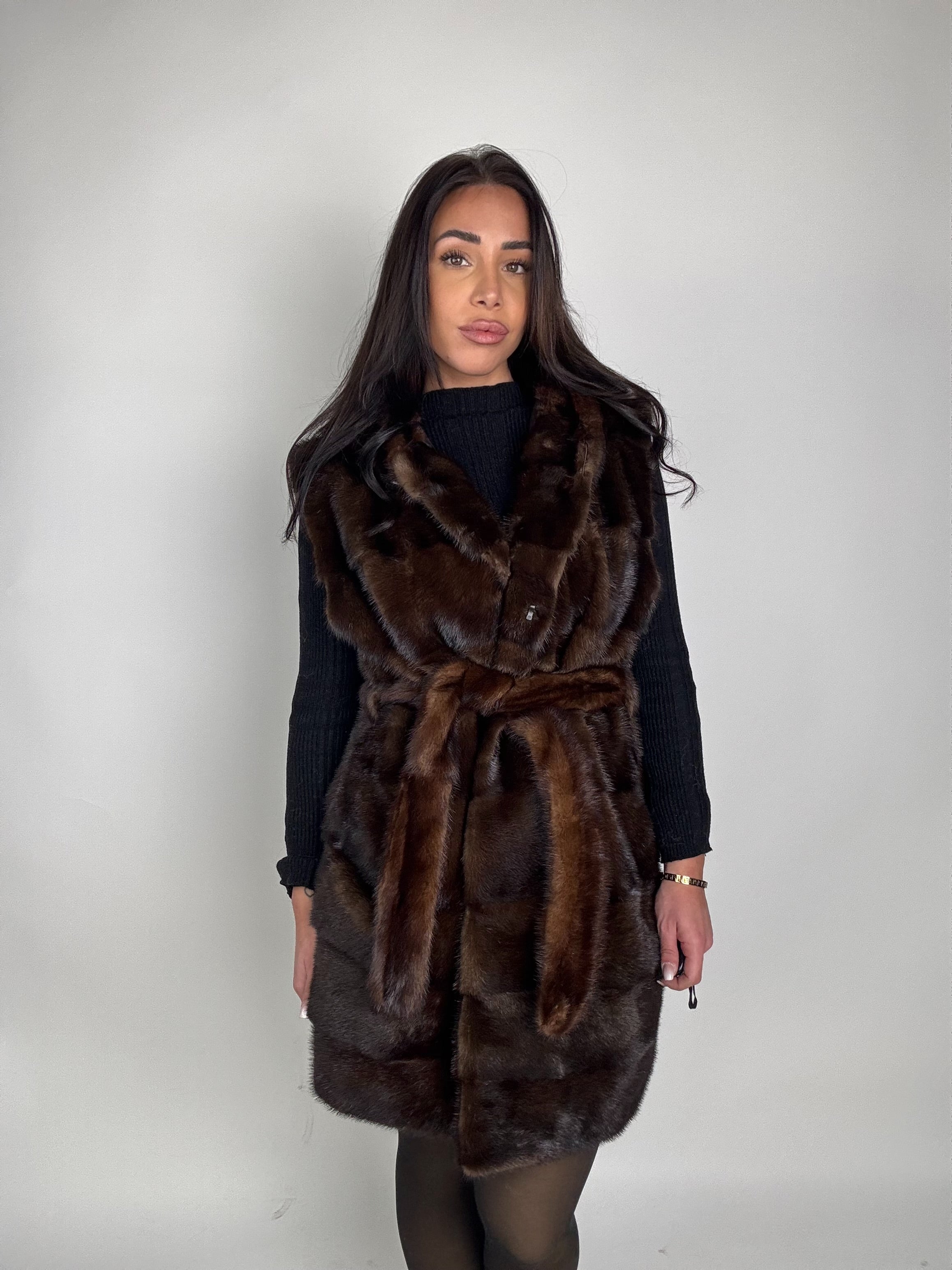 Mink jacket with belt and hood