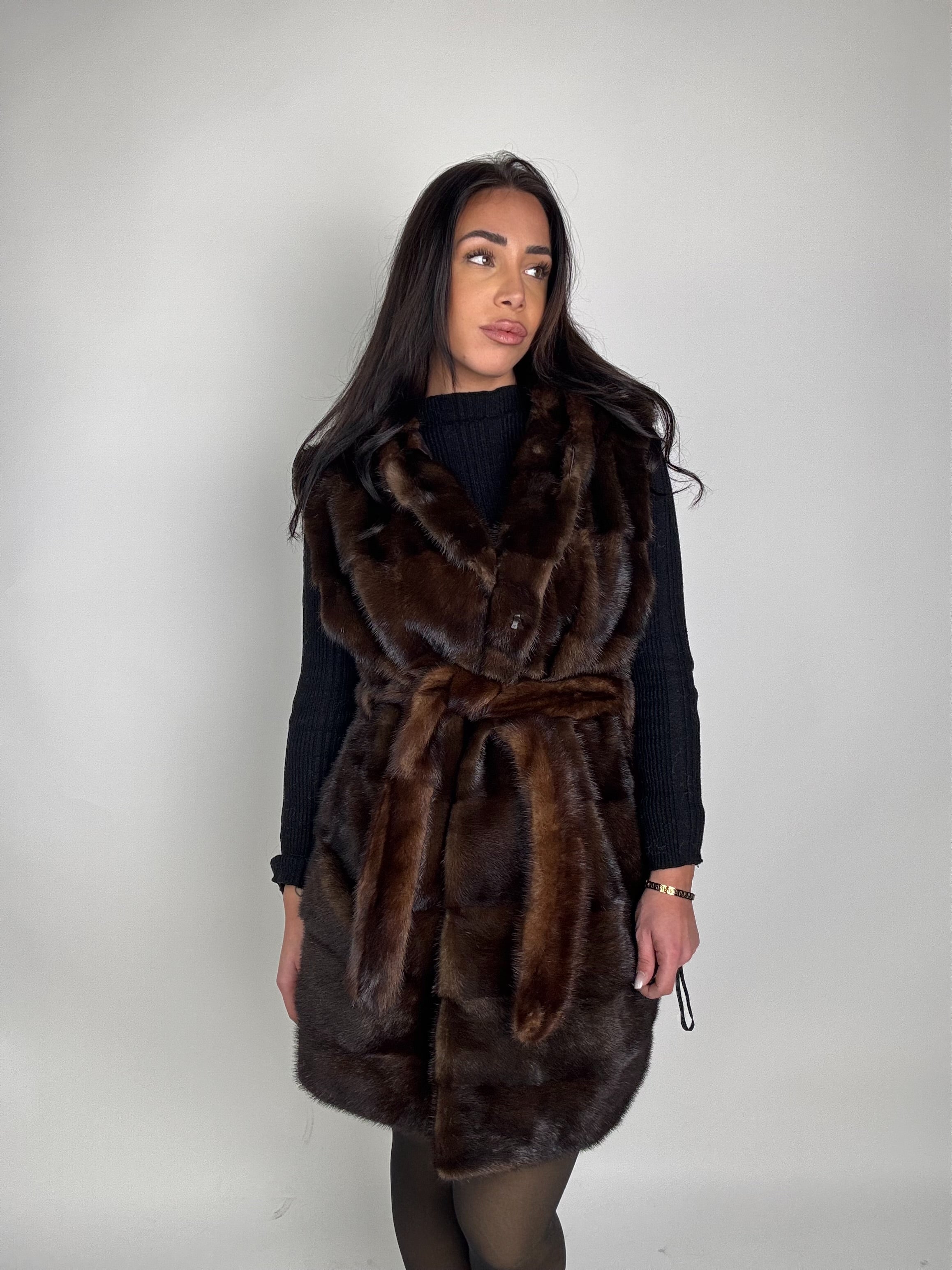 Mink jacket with belt and hood