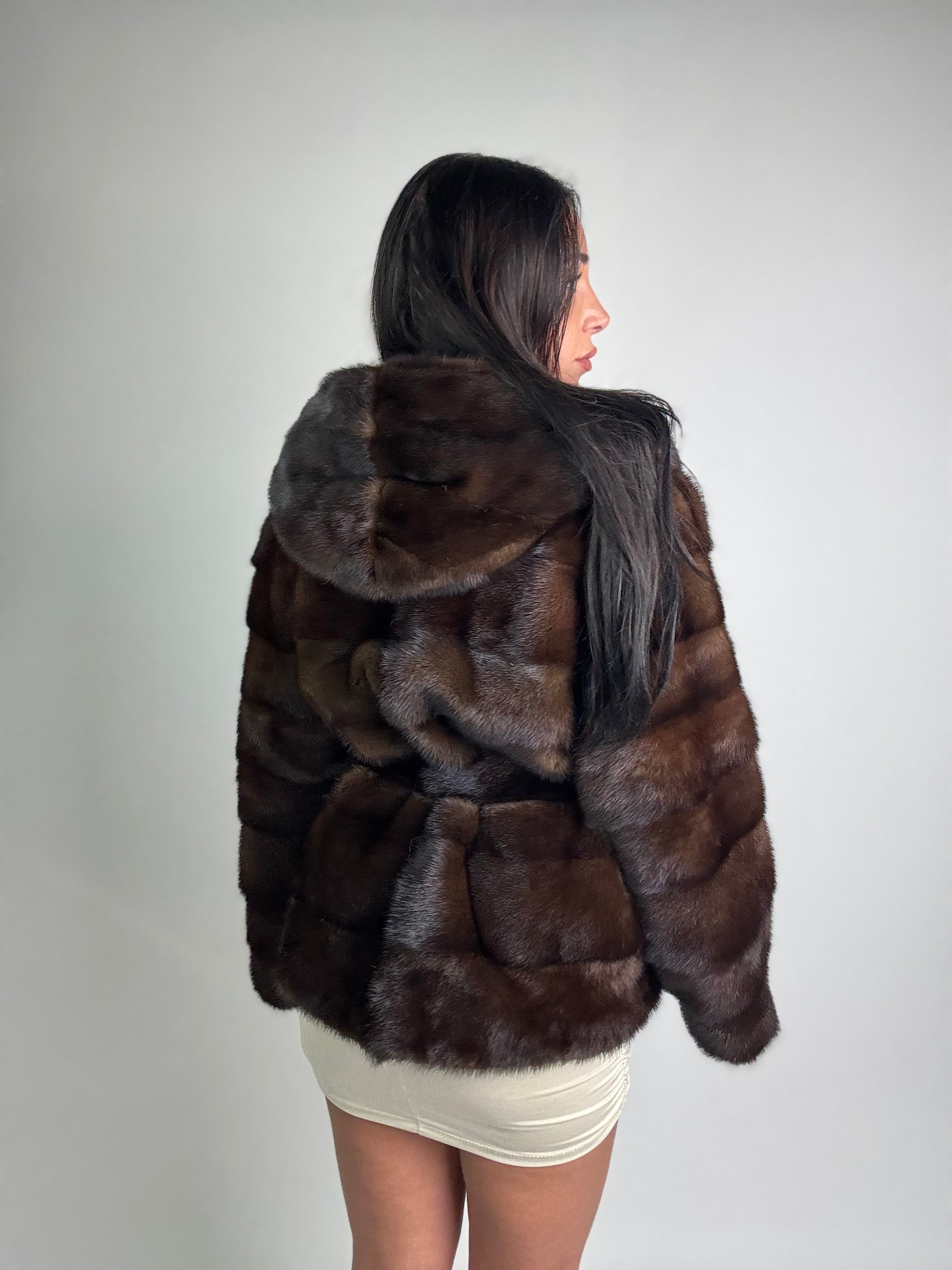 Giacca in visone cintura e cappuccio N108