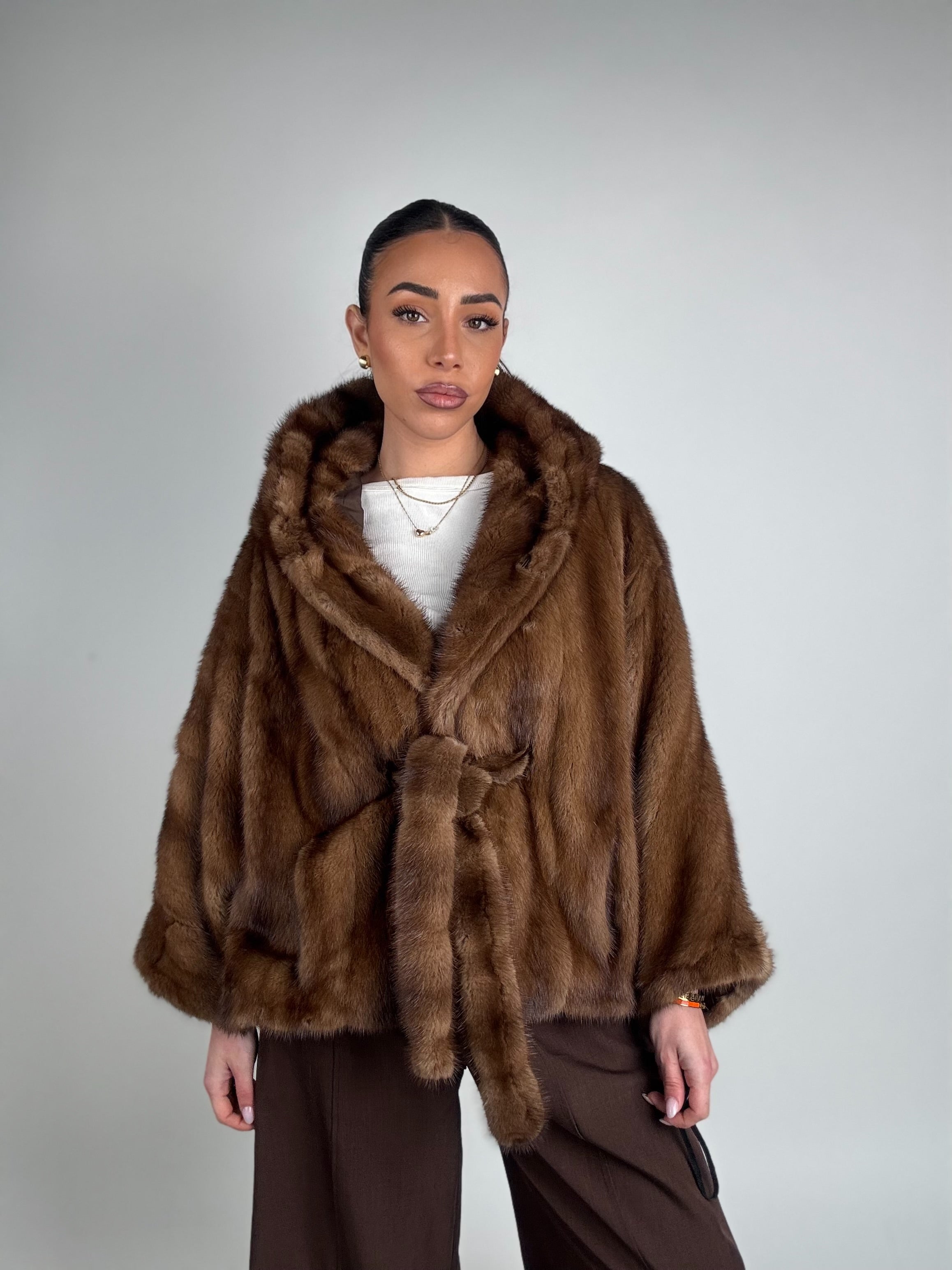 Mink jacket with belt and hood