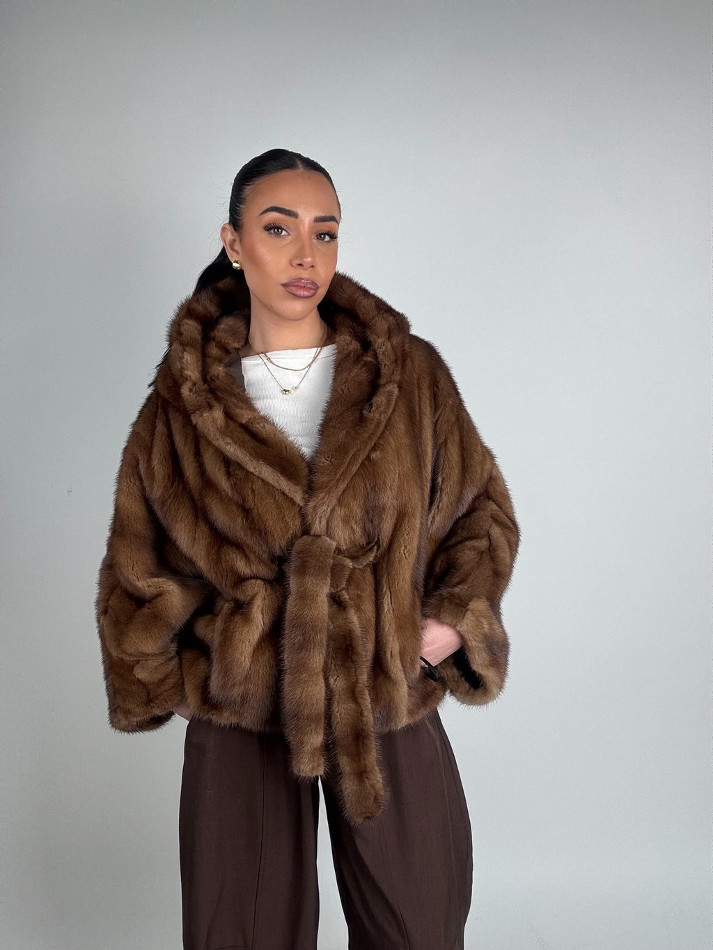 Mink jacket with belt and hood
