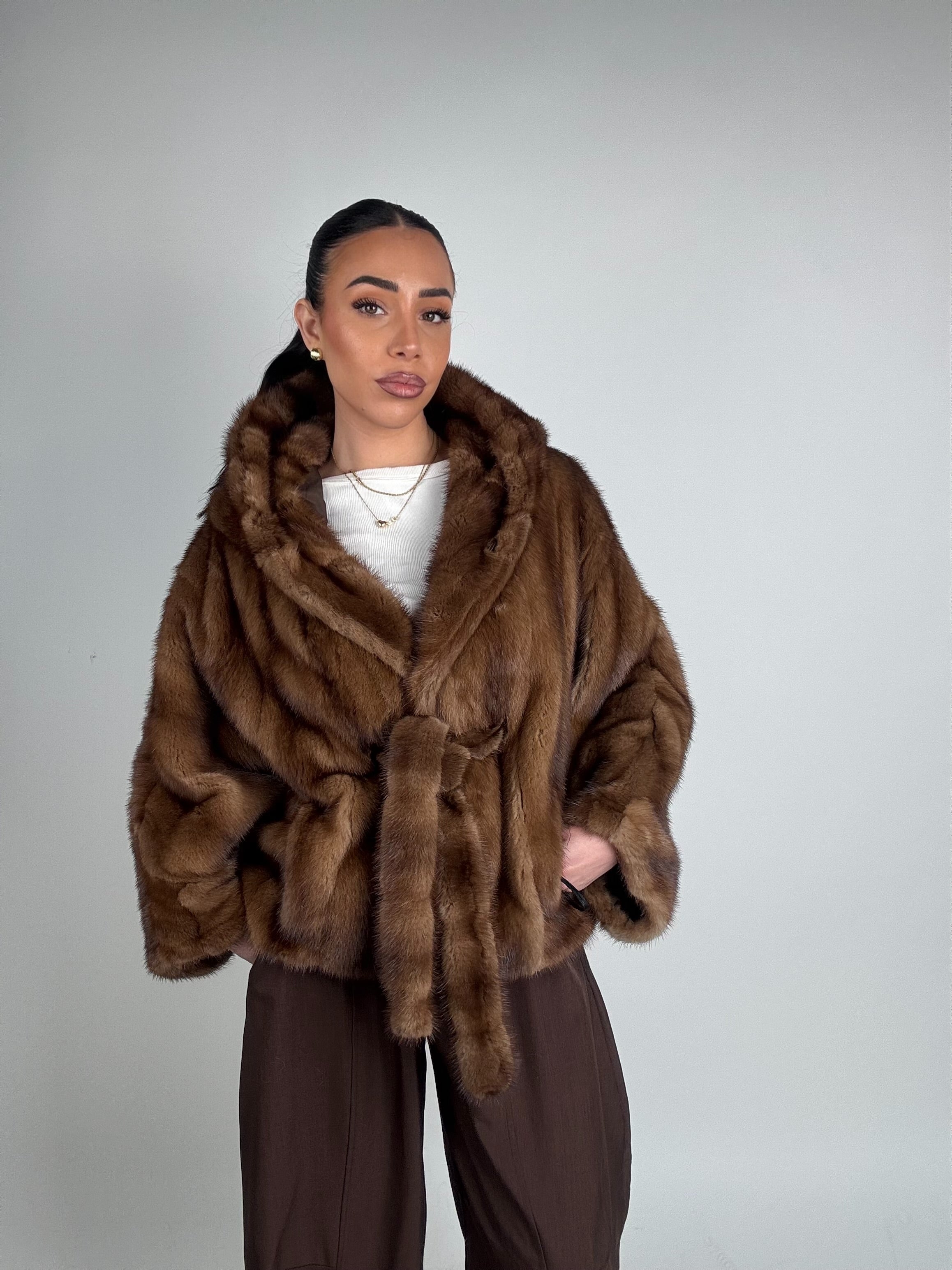 Mink jacket with belt and hood