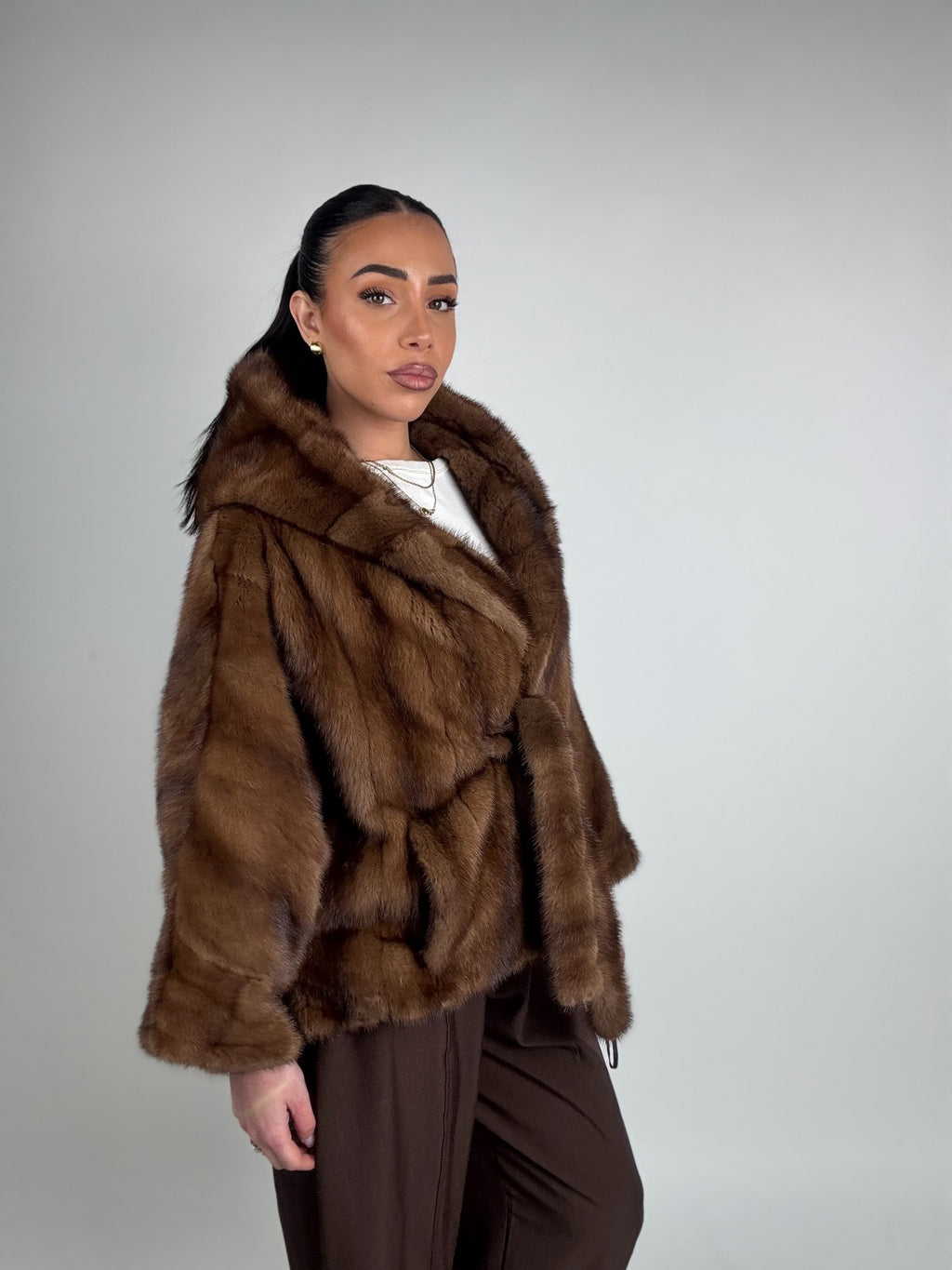 Mink jacket with belt and hood