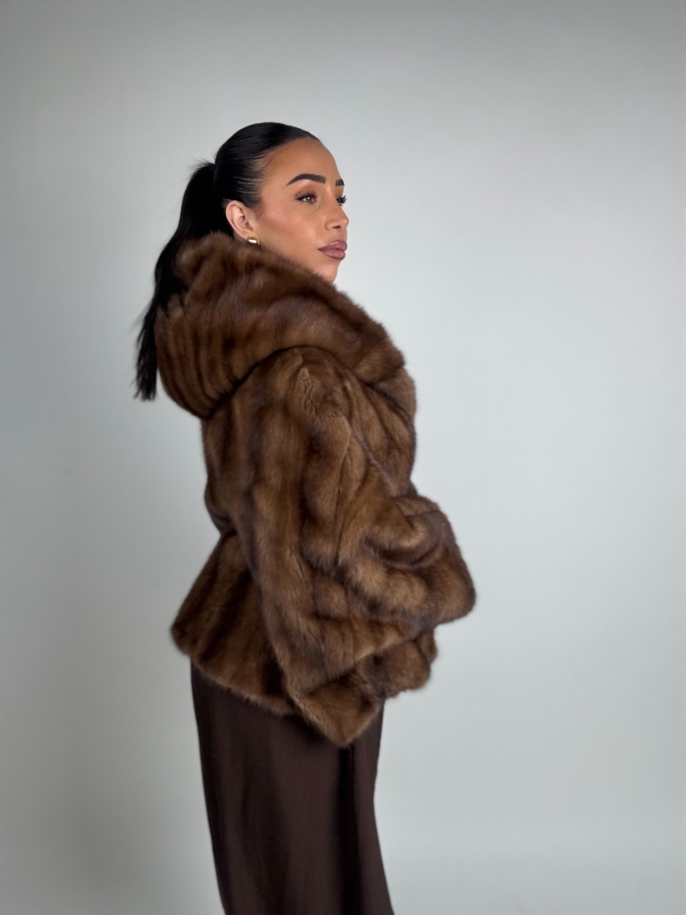 Mink jacket with belt and hood