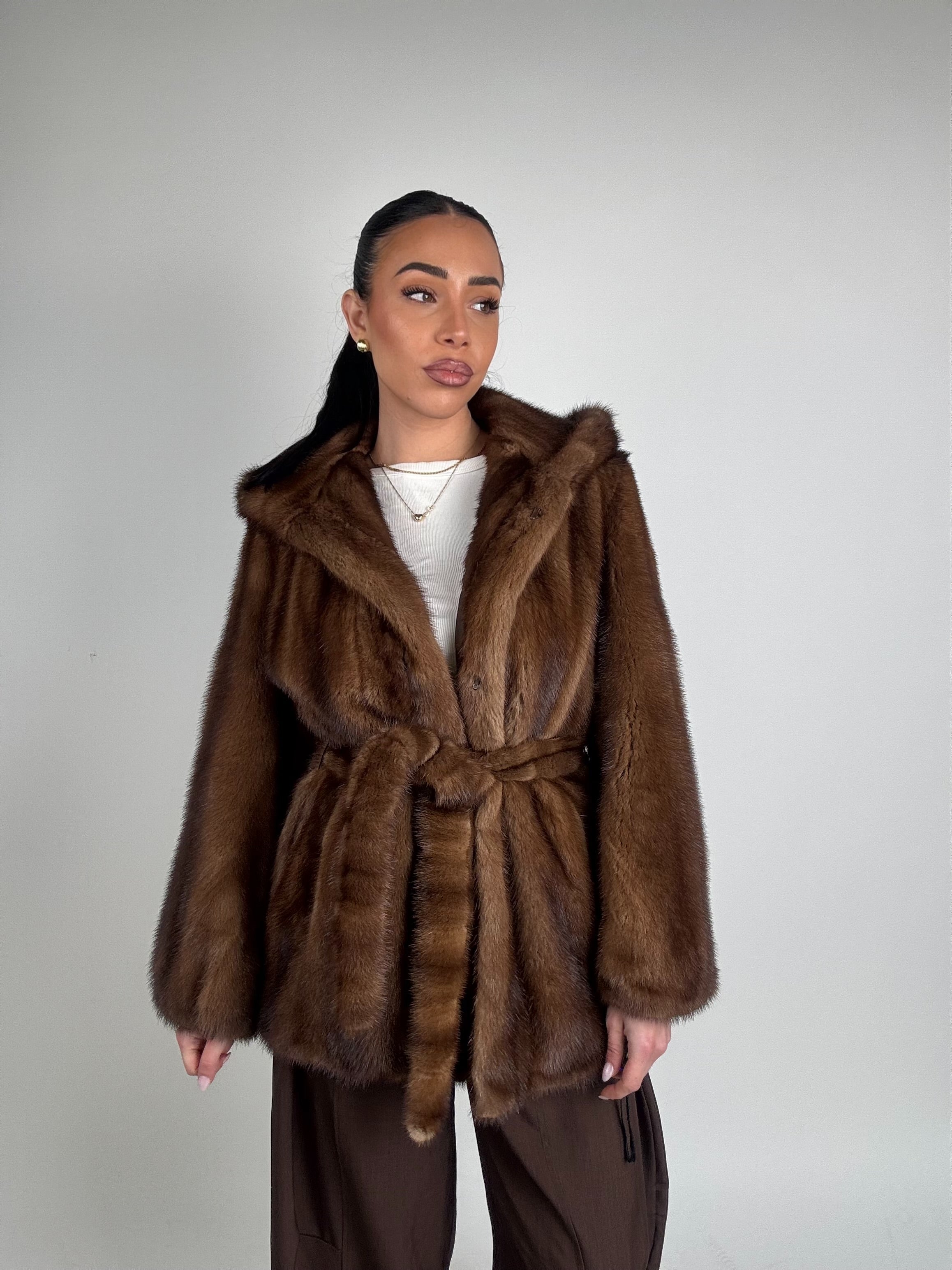 Mink jacket with belt and hood