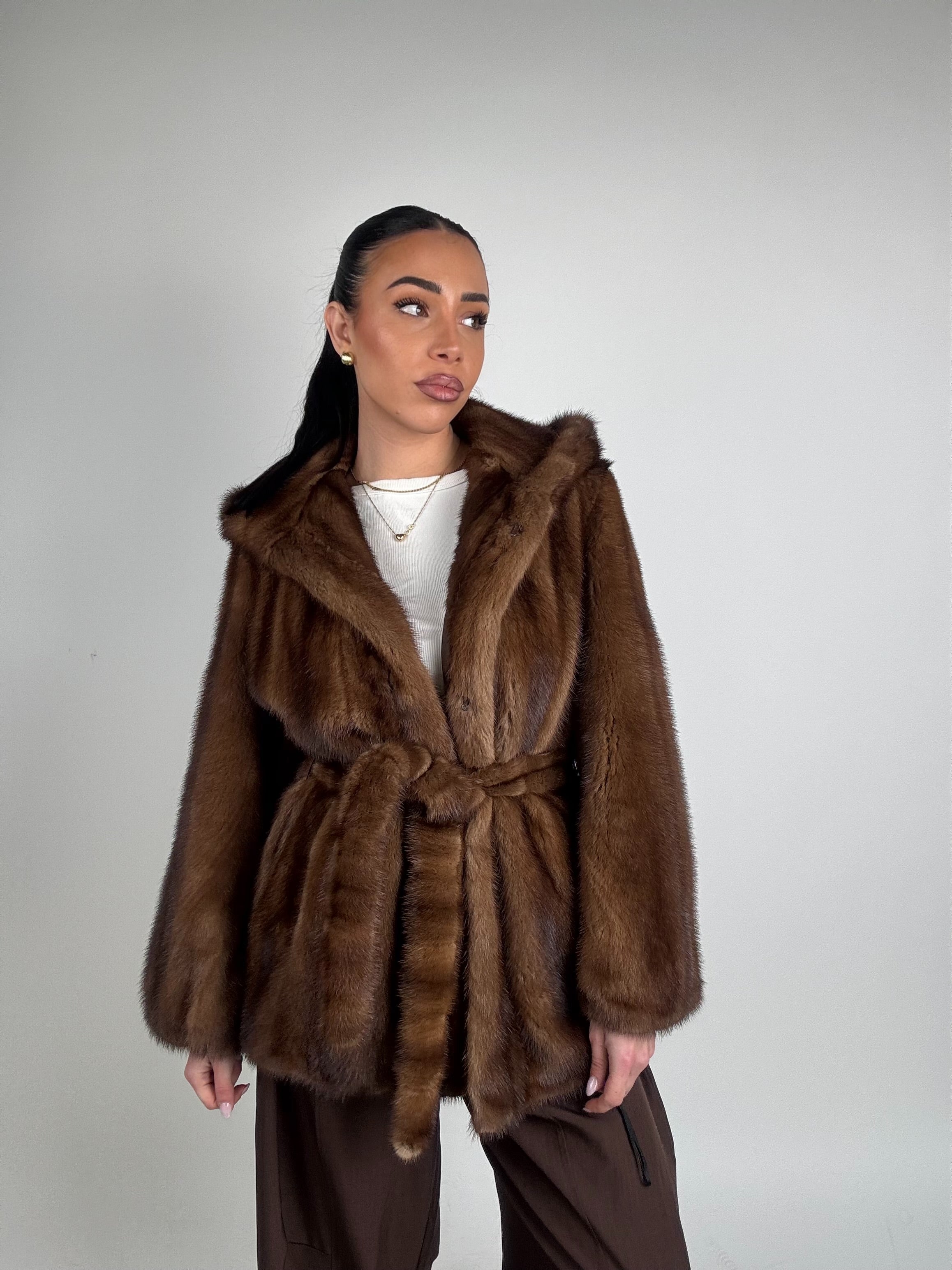 Mink jacket with belt and hood
